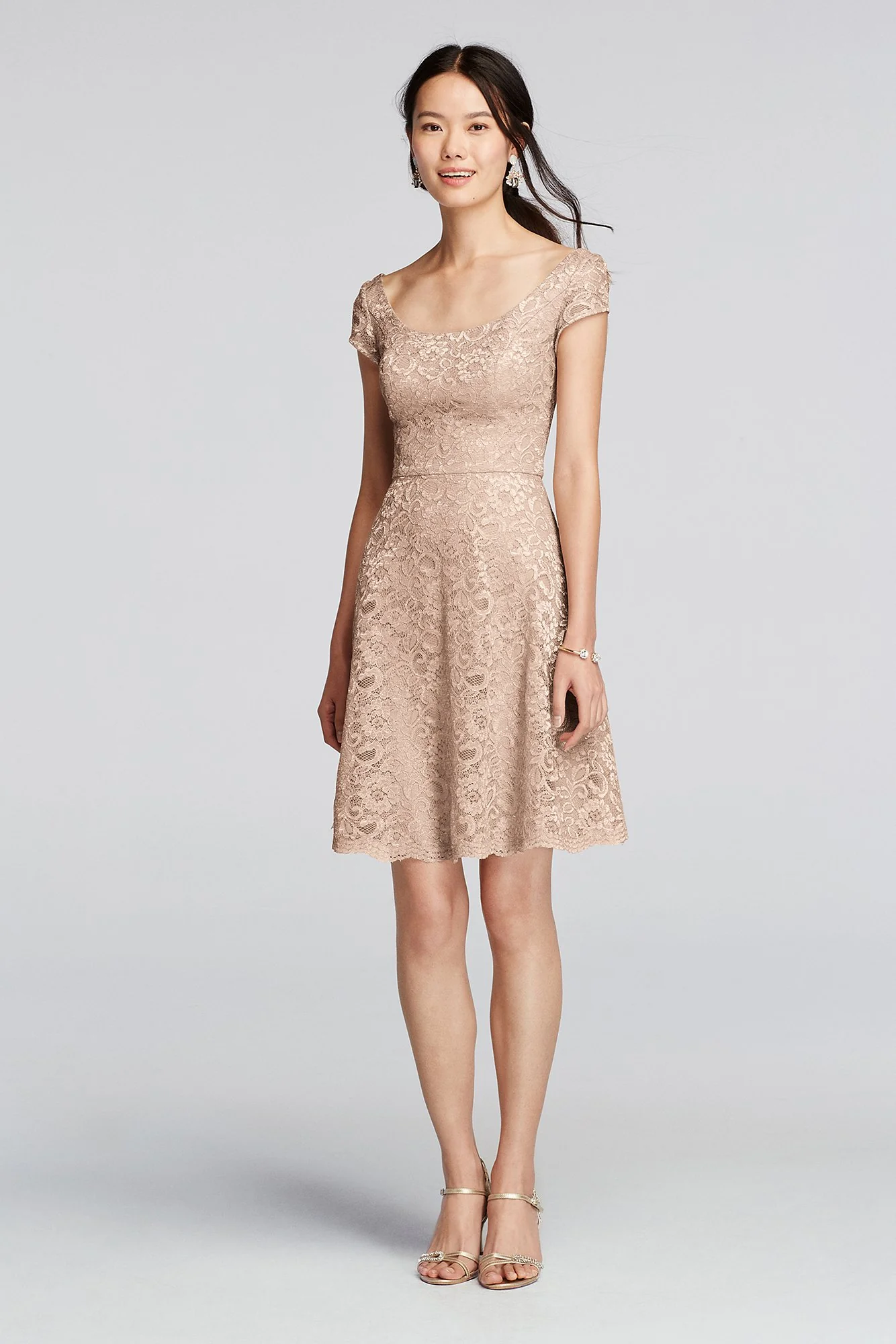 Short Lace Bridesmaid Dress with Cap Sleeves - Image 49