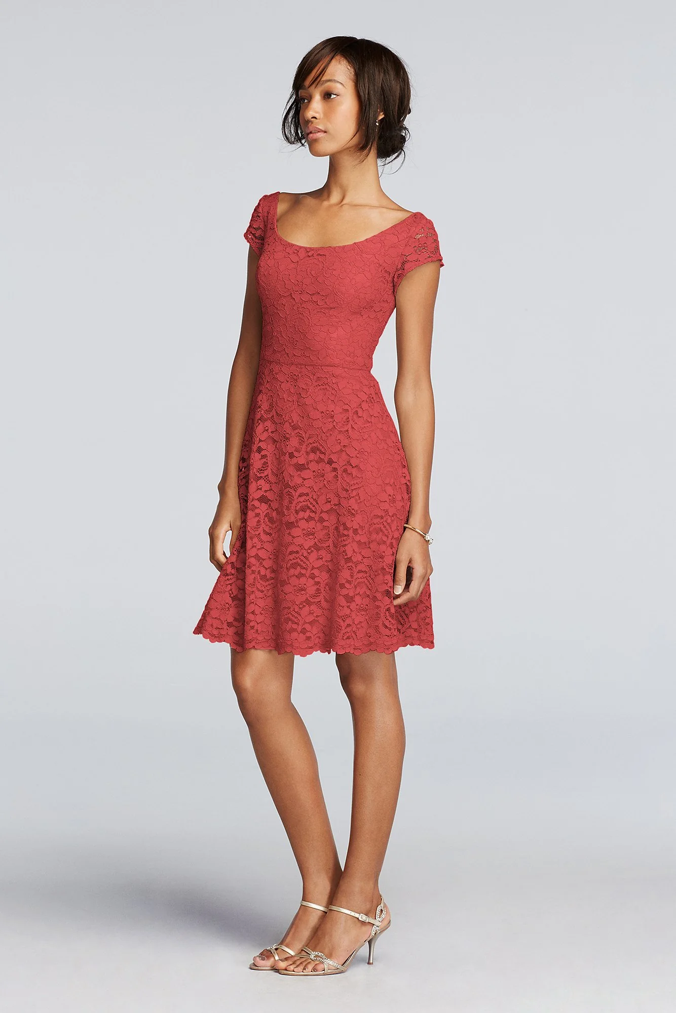 Short Lace Bridesmaid Dress with Cap Sleeves - Image 62