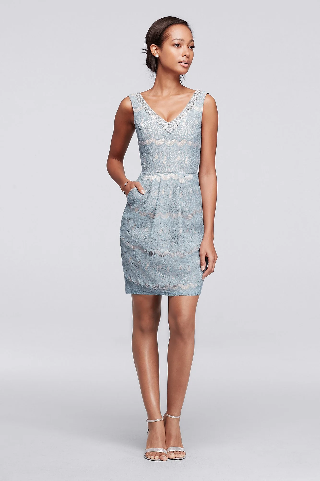Short Lace Dress with Beaded V-Neck - Image 2