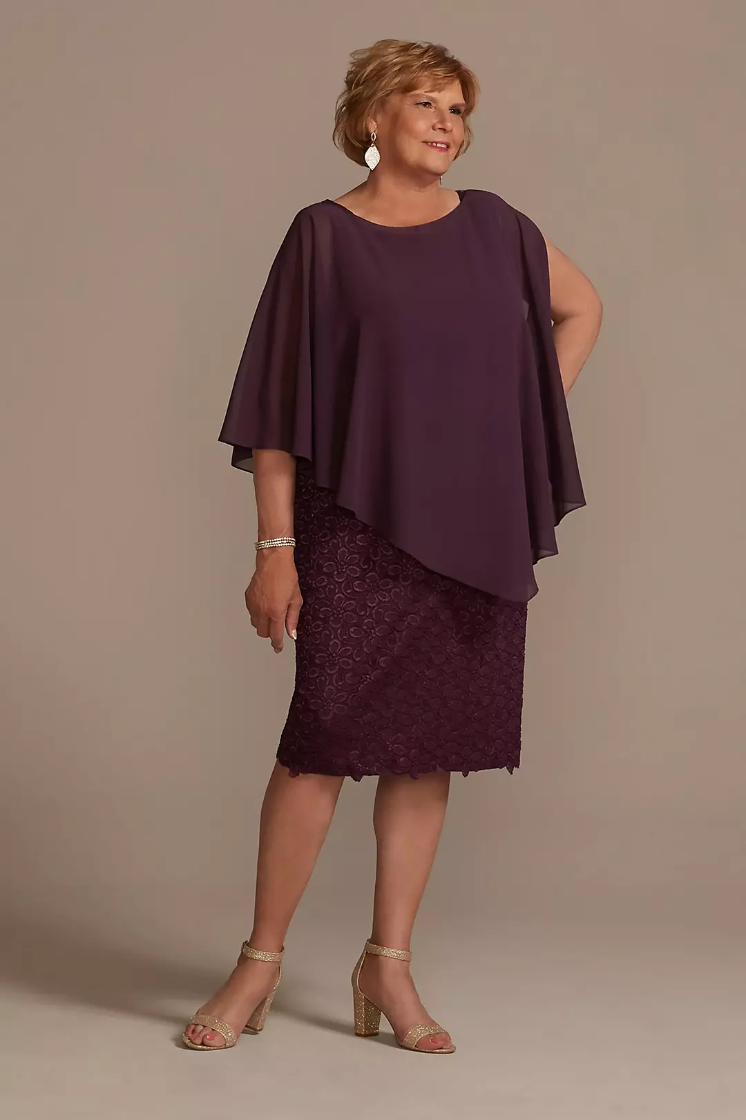 Short Lace Sheath Dress with Asymmetrical Capelet - Image 11