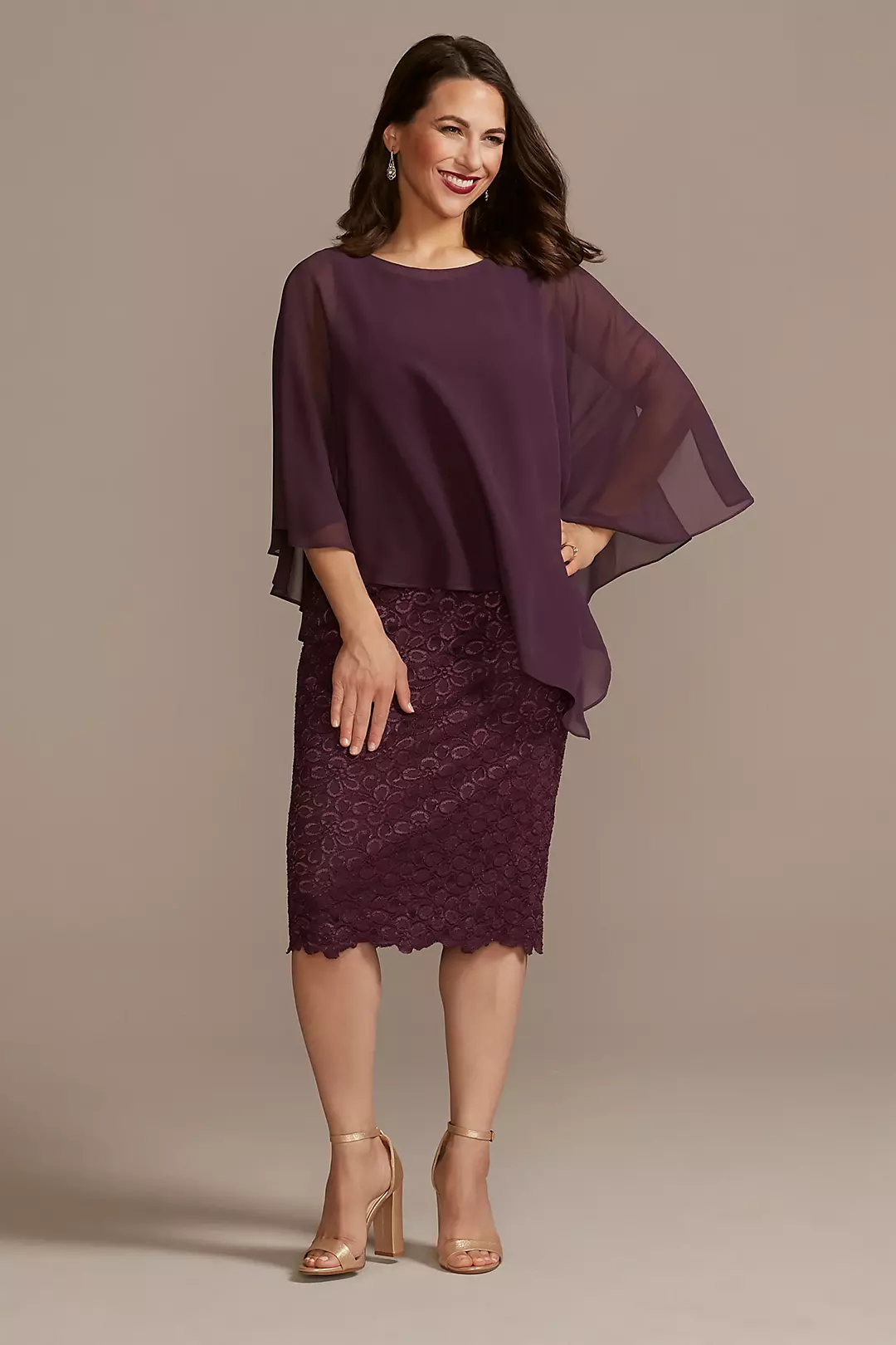 Short Lace Sheath Dress with Asymmetrical Capelet - Image 7