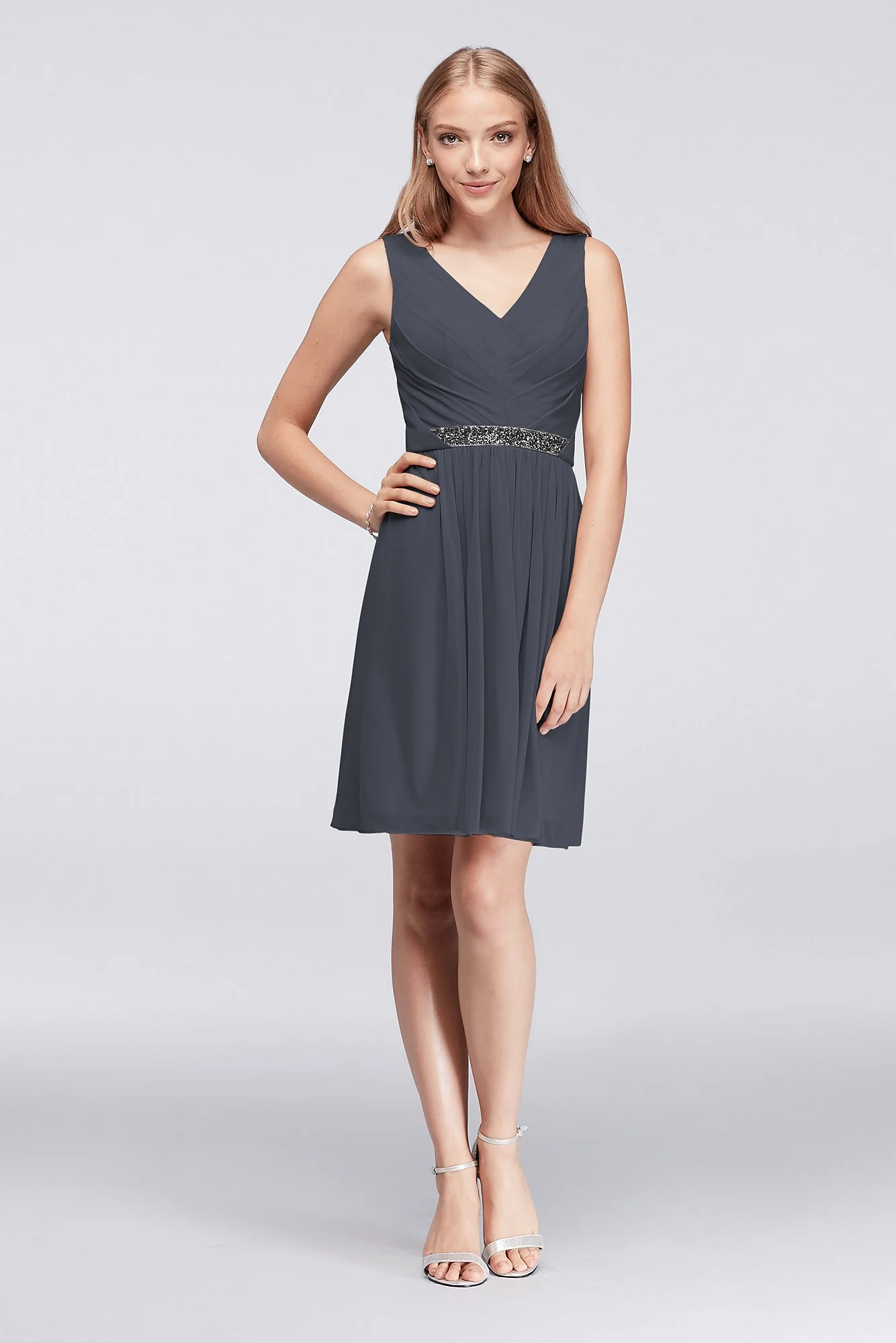 Short Mesh Dress with V-Neck and Beaded Waistband - Image 18