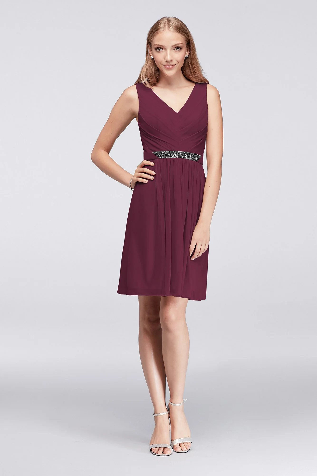Short Mesh Dress with V-Neck and Beaded Waistband - Image 28