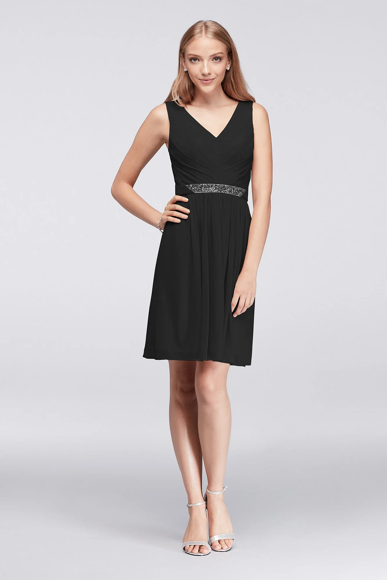 Short Mesh Dress with V-Neck and Beaded Waistband - Image 34