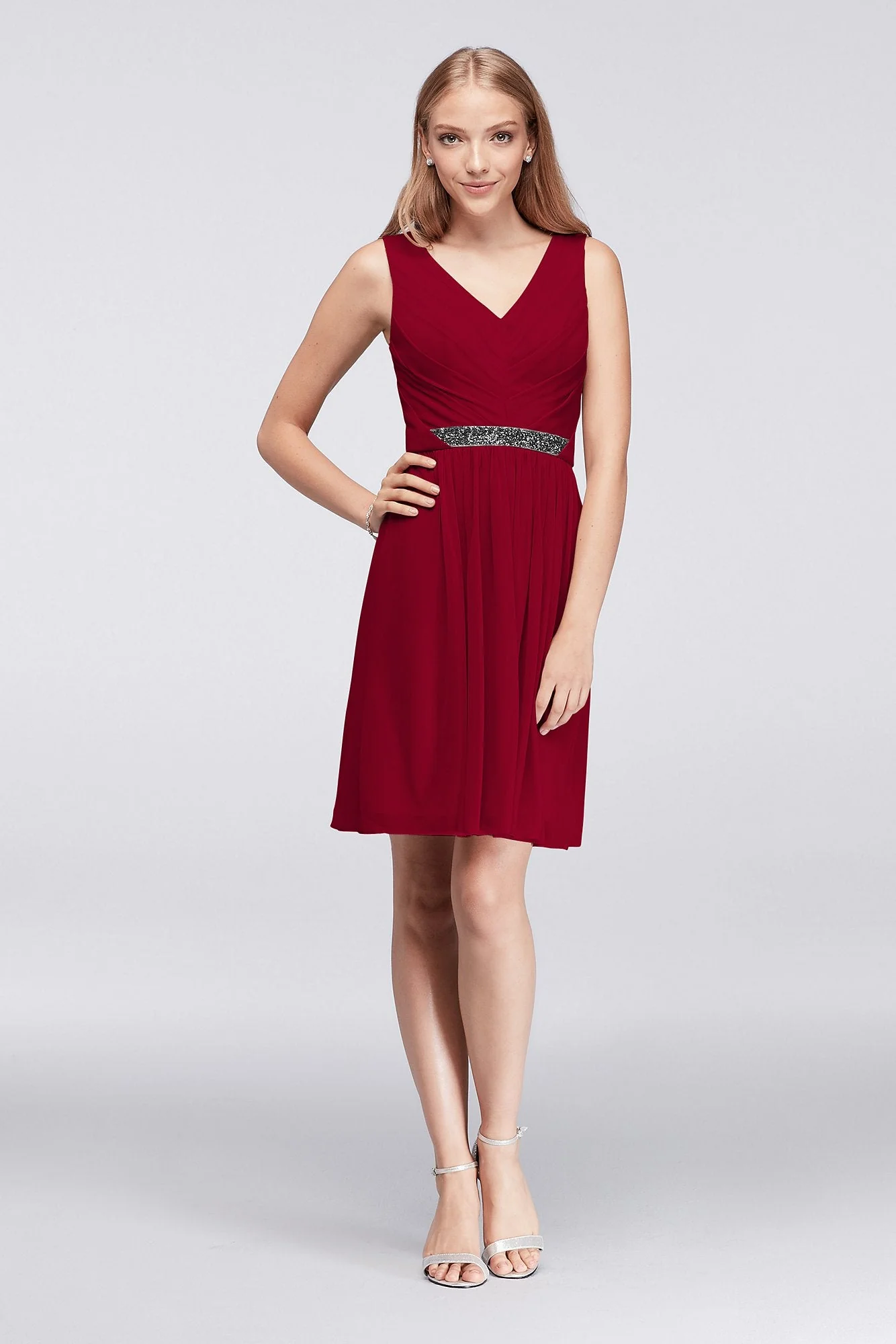 Short Mesh Dress with V-Neck and Beaded Waistband - Image 36