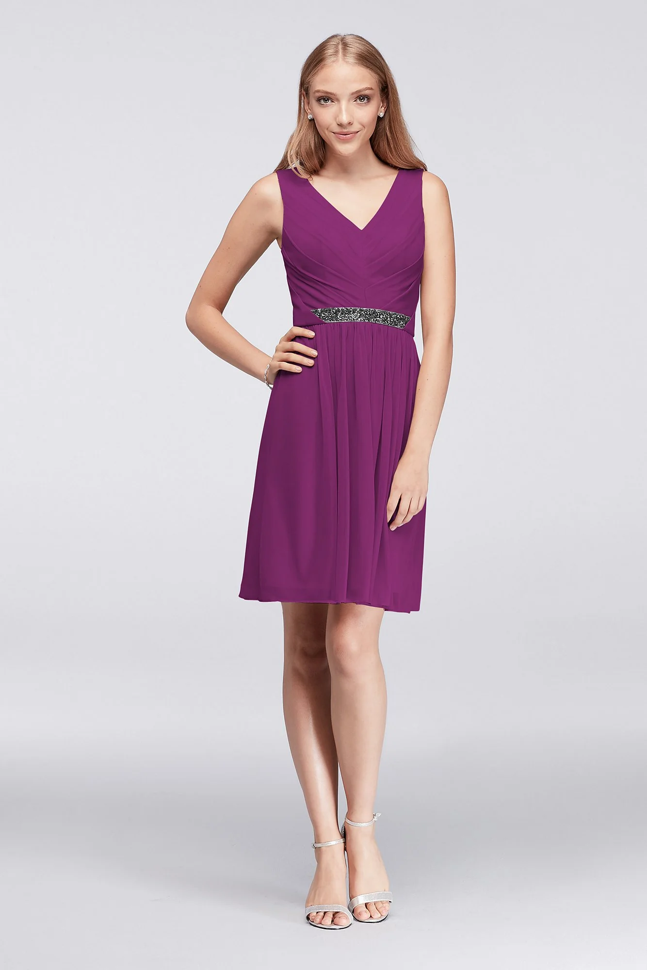 Short Mesh Dress with V-Neck and Beaded Waistband - Image 60