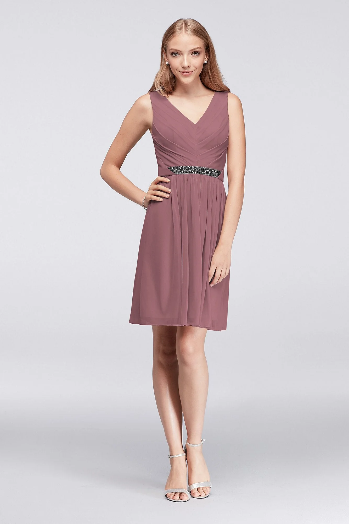 Short Mesh Dress with V-Neck and Beaded Waistband - Image 61