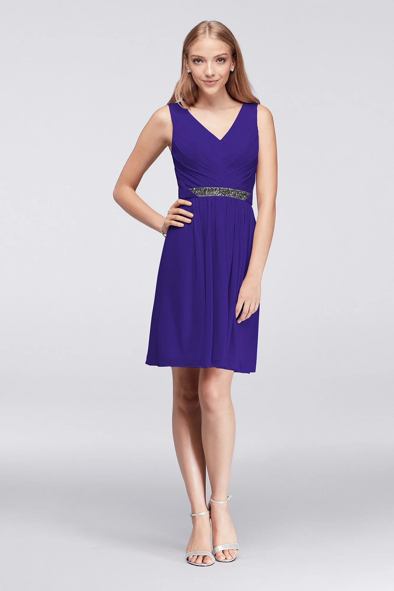 Short Mesh Dress with V-Neck and Beaded Waistband - Image 63