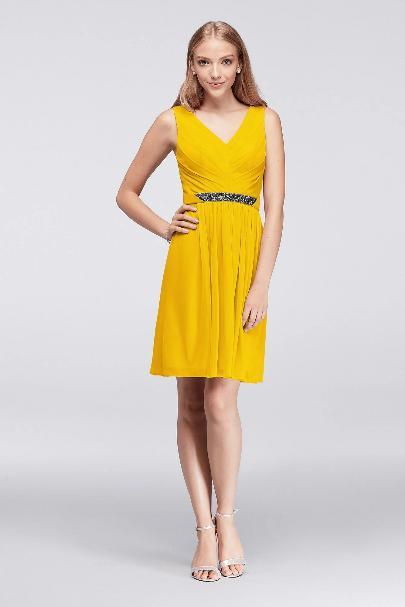 Short Mesh Dress with V-Neck and Beaded Waistband - Image 71