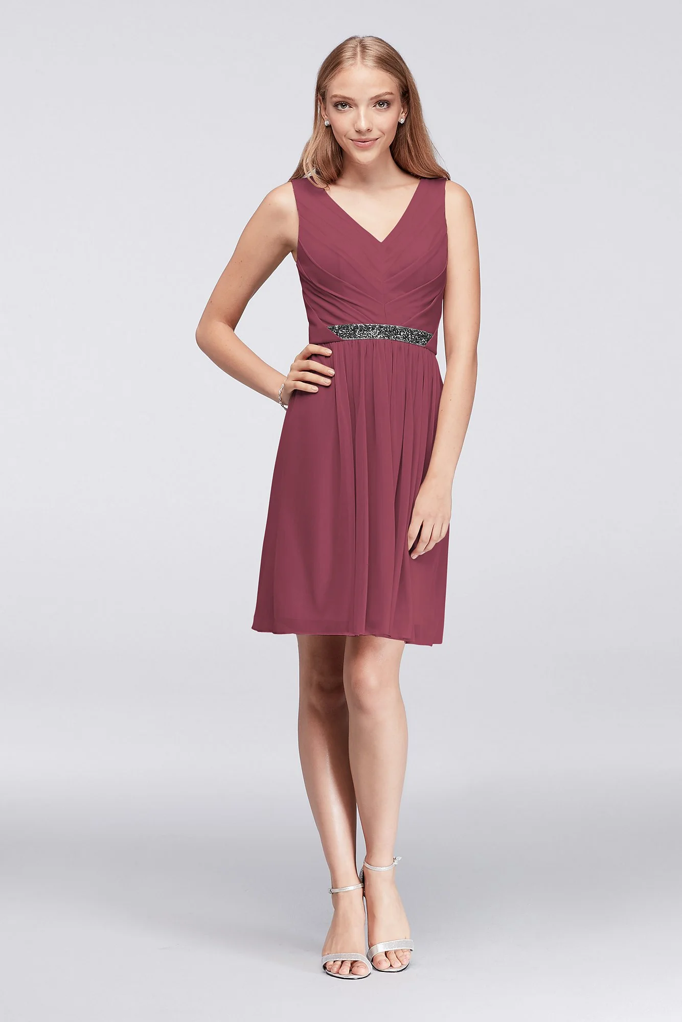 Short Mesh Dress with V-Neck and Beaded Waistband - Image 73