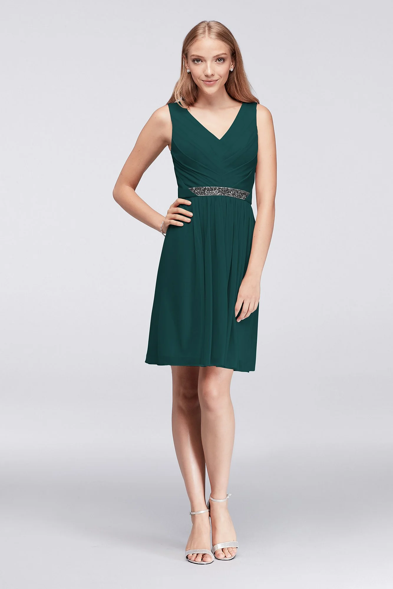 Short Mesh Dress with V-Neck and Beaded Waistband - Image 75