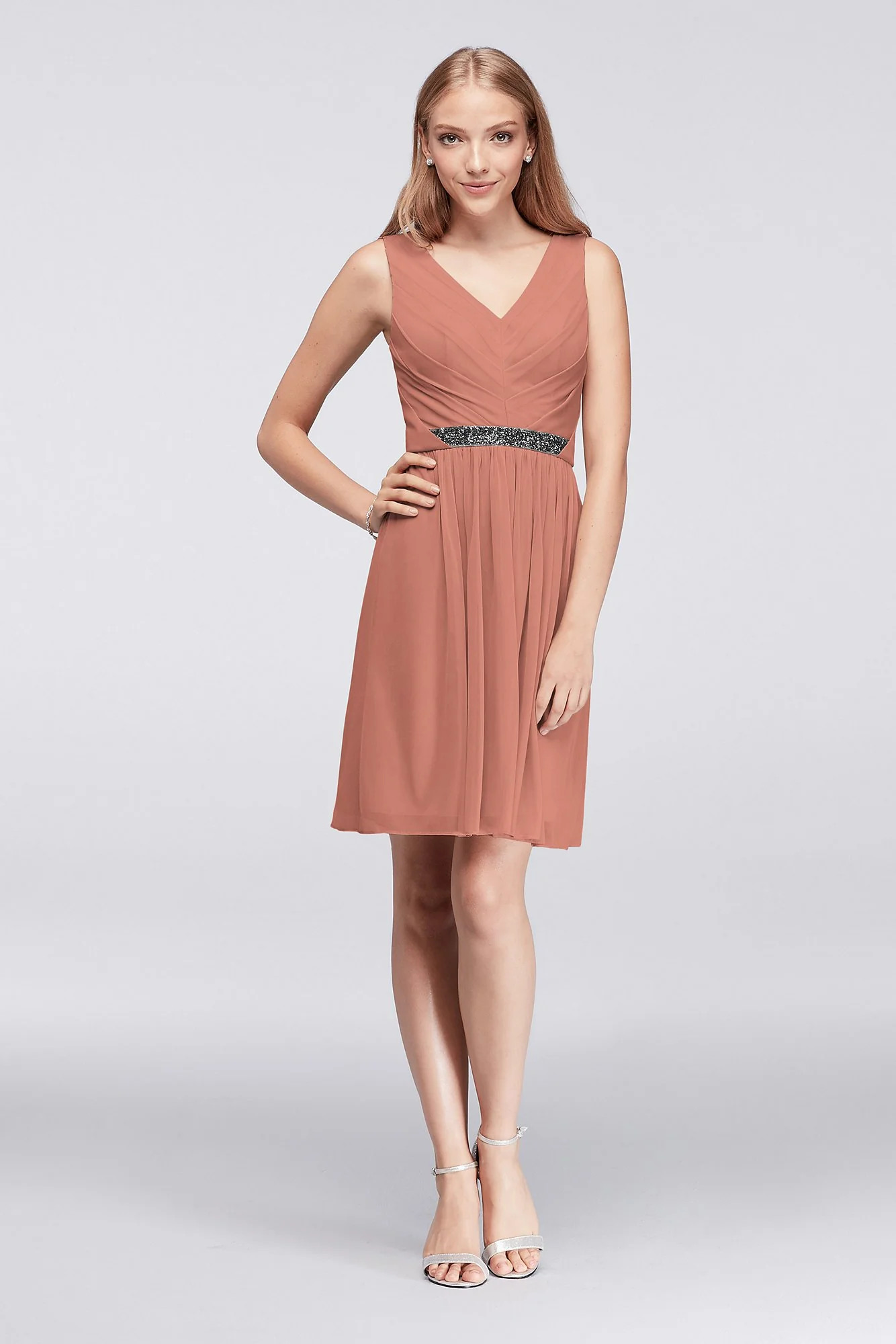 Short Mesh Dress with V-Neck and Beaded Waistband - Image 79