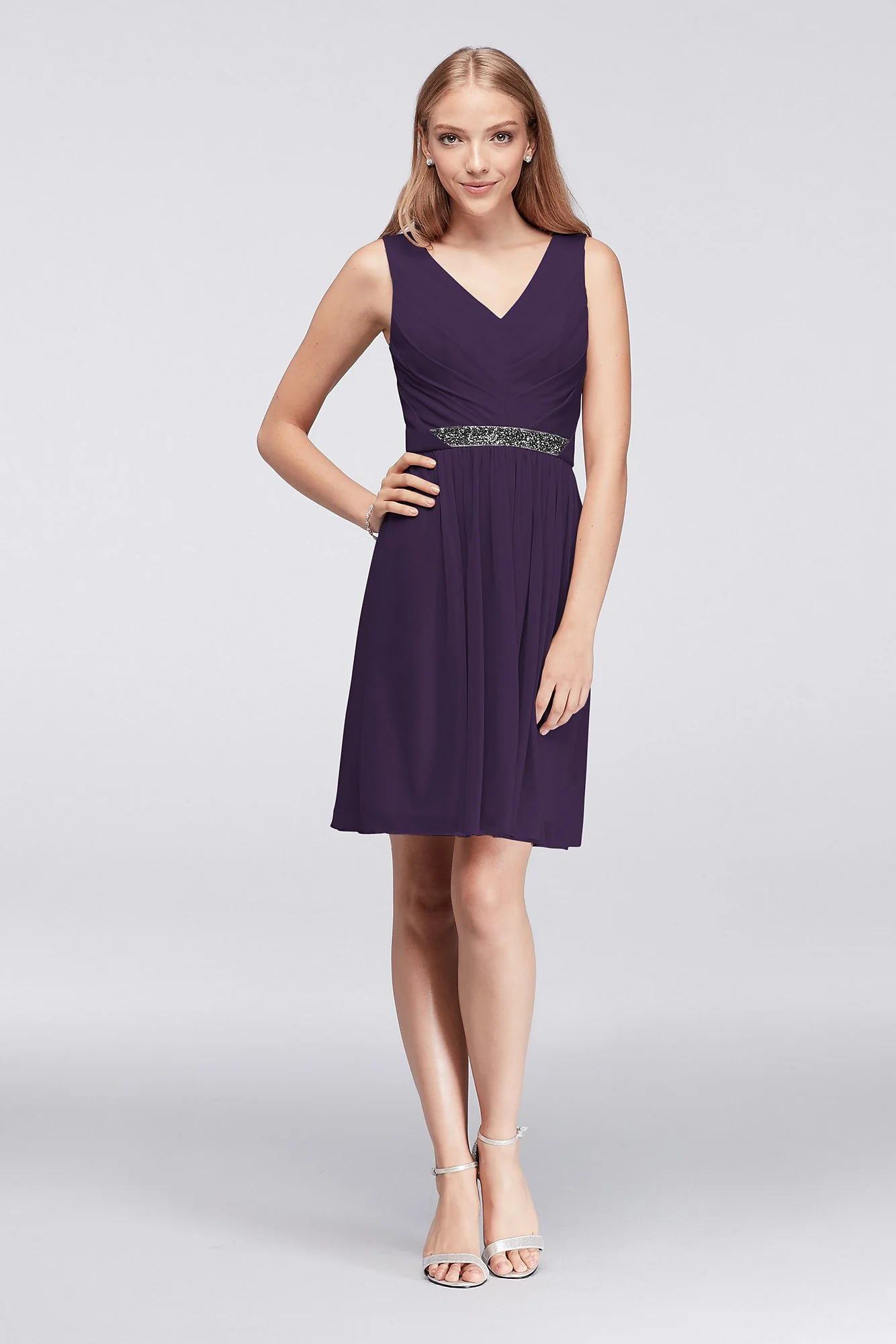 Short Mesh Dress with V-Neck and Beaded Waistband - Image 8