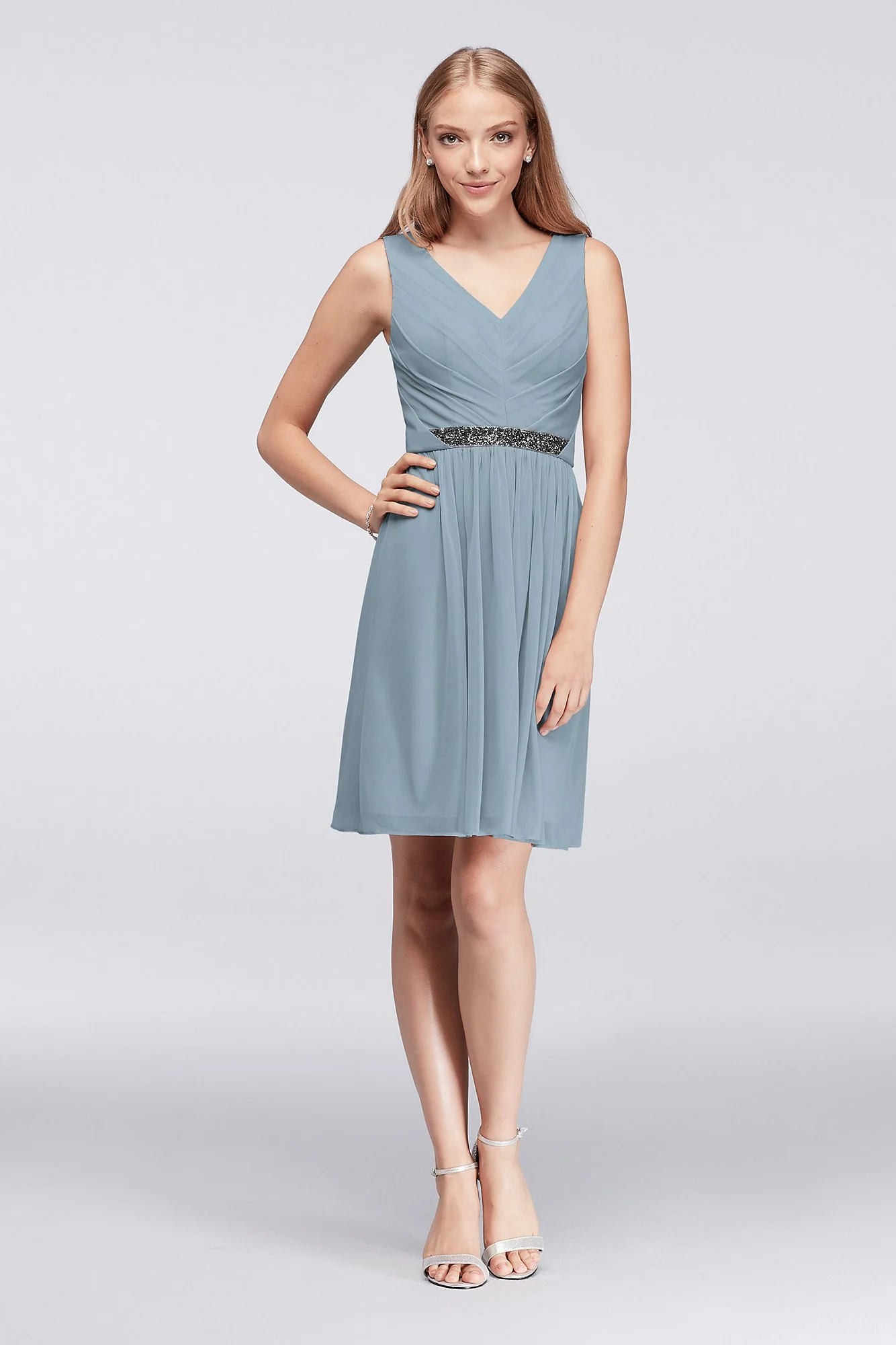 Short Mesh Dress with V-Neck and Beaded Waistband - Image 80