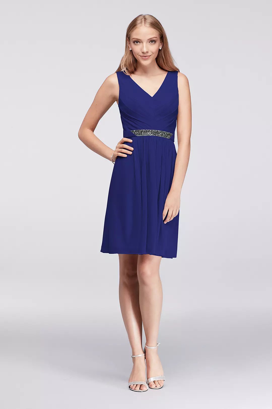 Short Mesh Dress with V-Neck and Beaded Waistband - Image 85