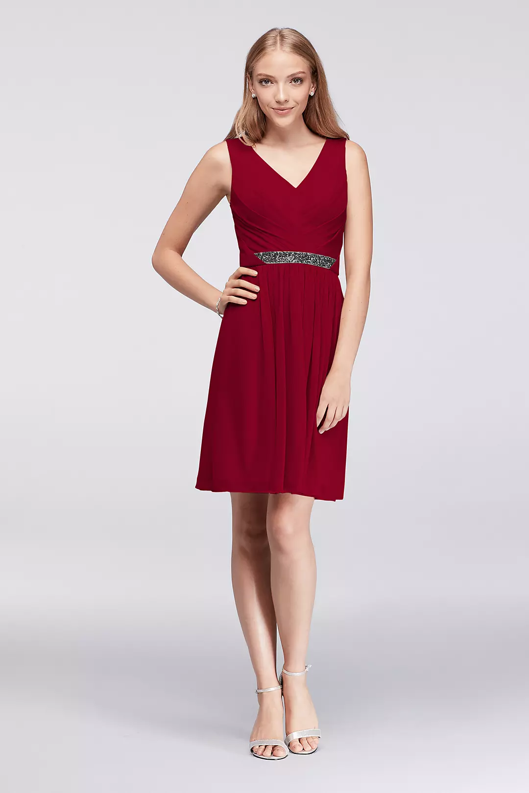 Short Mesh Dress with V-Neck and Beaded Waistband - Image 88