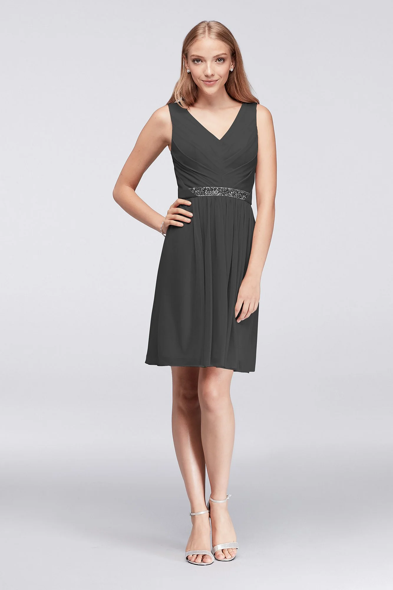 Short Mesh Dress with V-Neck and Beaded Waistband - Image 95