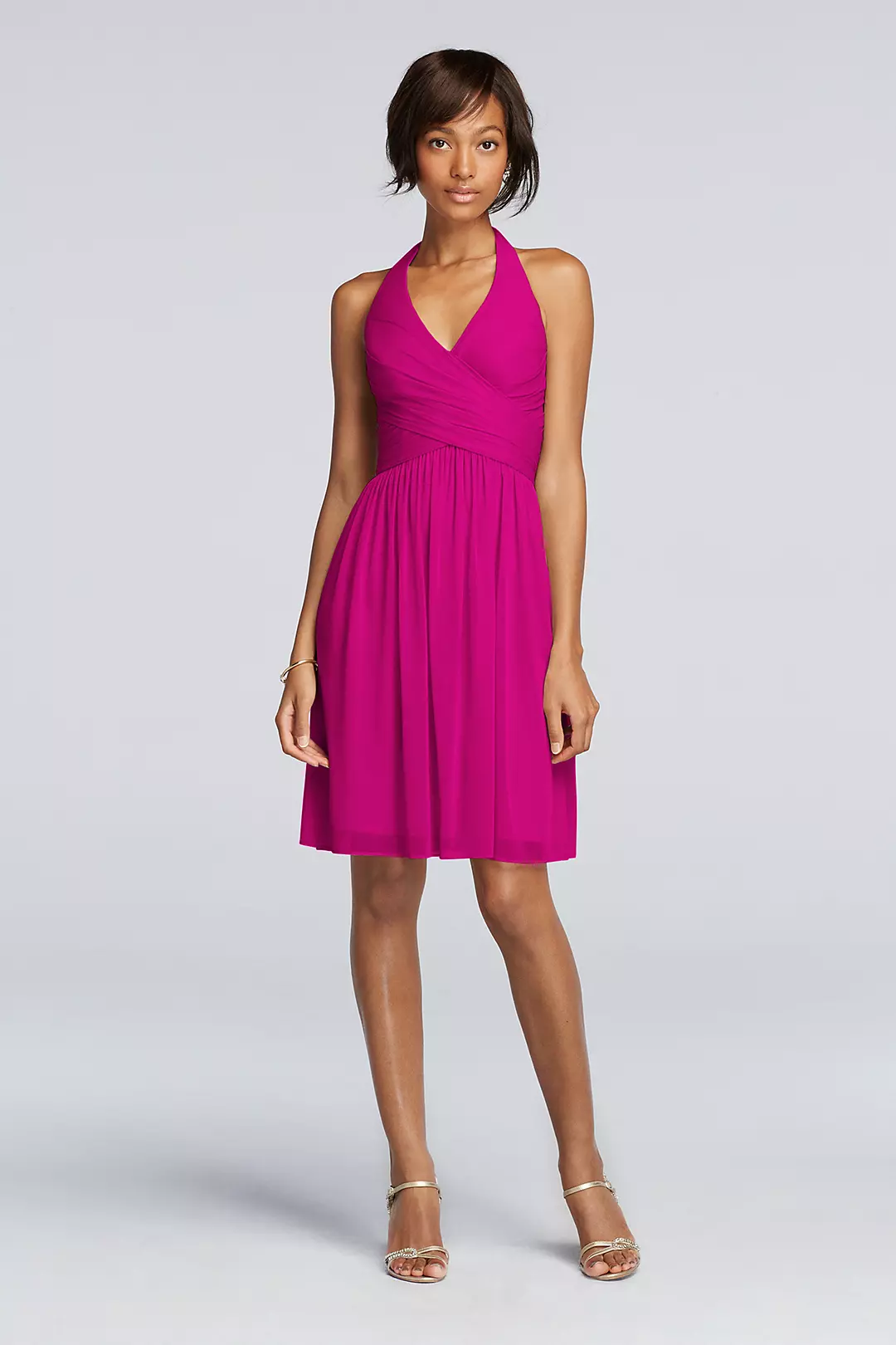 Short Mesh Pleated Dress with Halter Neckline - Image 2
