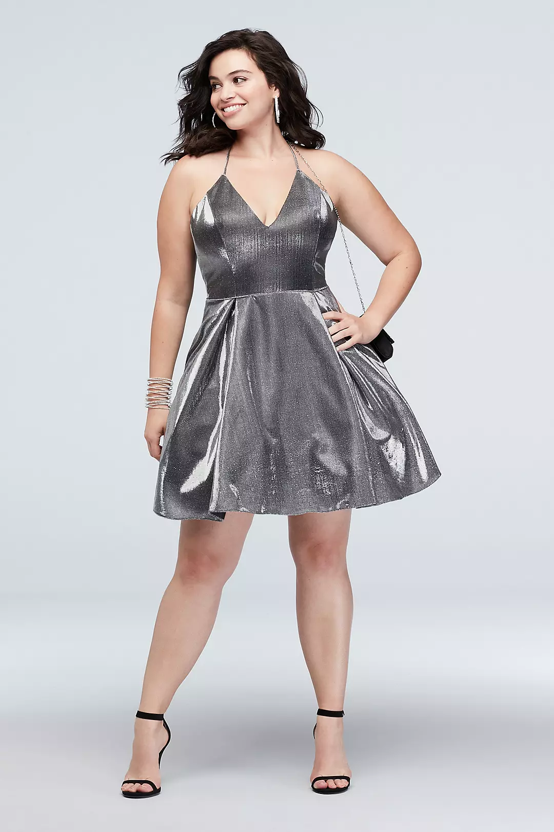 Short Metallic Fit-and-Flare Lace-Up Dress