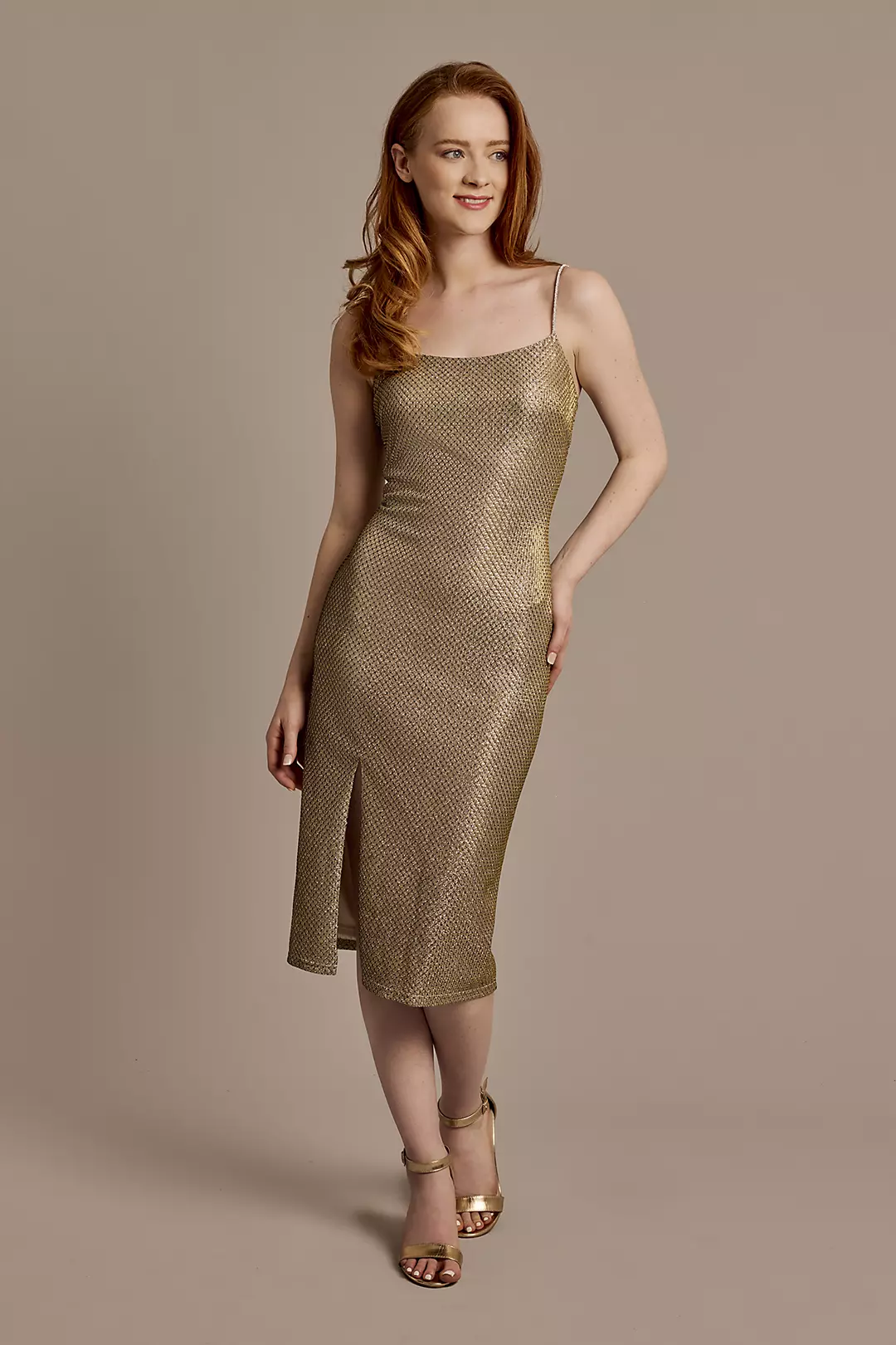 Short Metallic Sheath Dress with Crystal Straps - Image 2