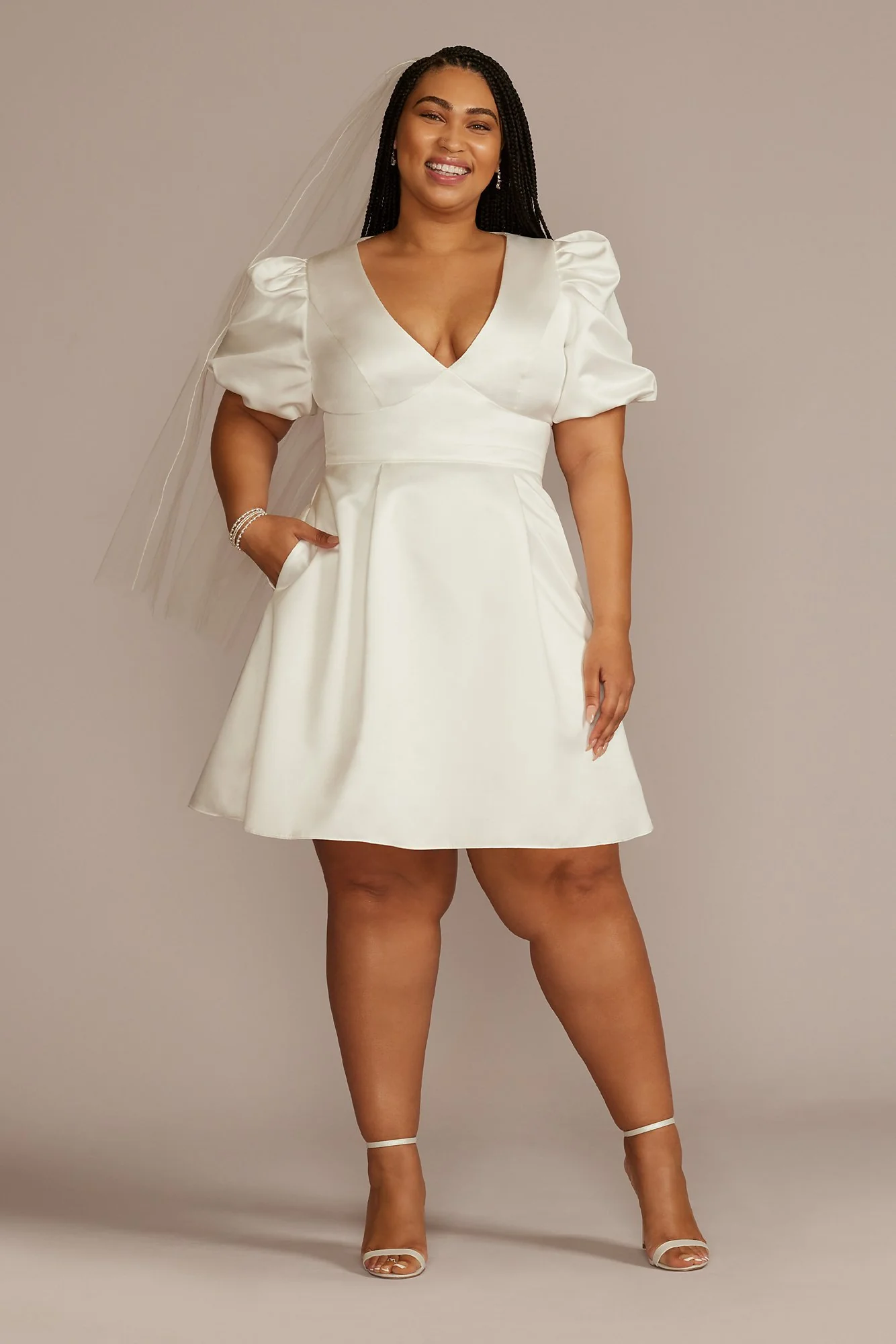 Short Satin Puff Sleeve Dress with Empire Waist - Image 2