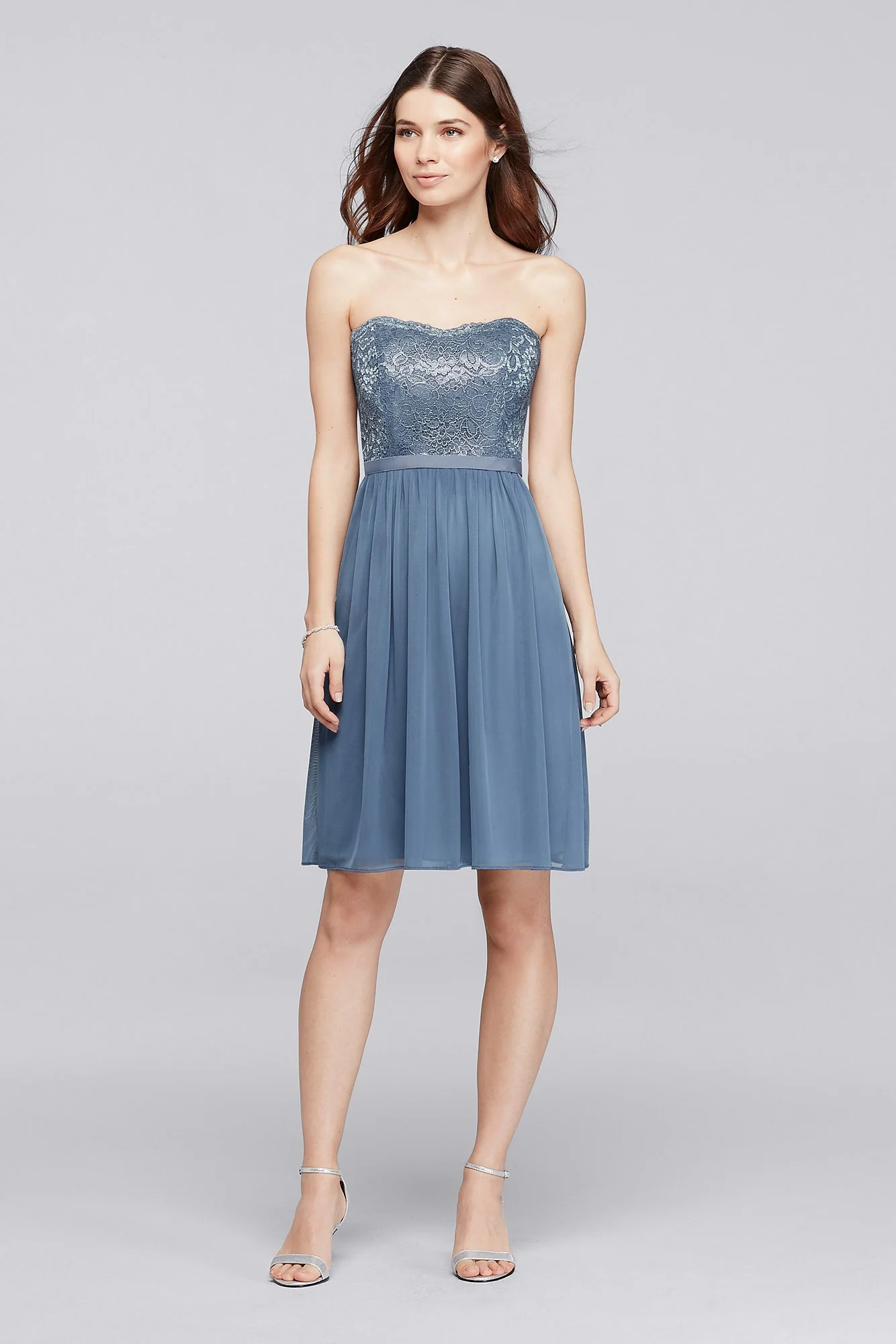 Short Scalloped Strapless Lace Mesh Dress - Image 58