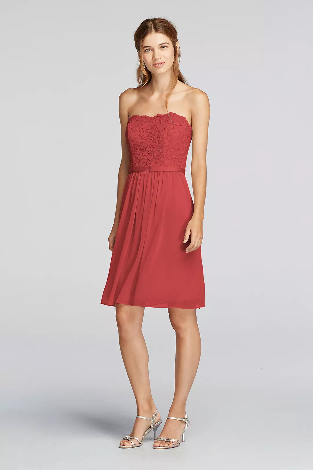 Short Scalloped Strapless Lace Mesh Dress - Image 73