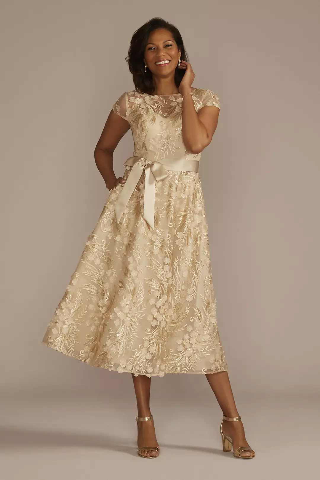 Short Sleeve A-Line Dress with 3D Flowers and Sash