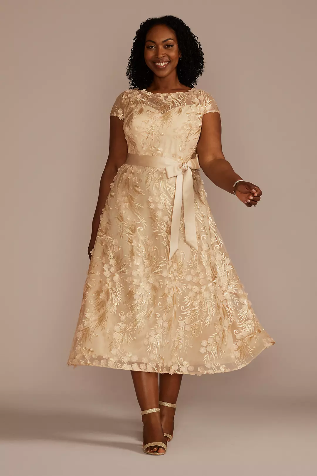 Short Sleeve A-Line Dress with 3D Flowers and Sash - Image 3