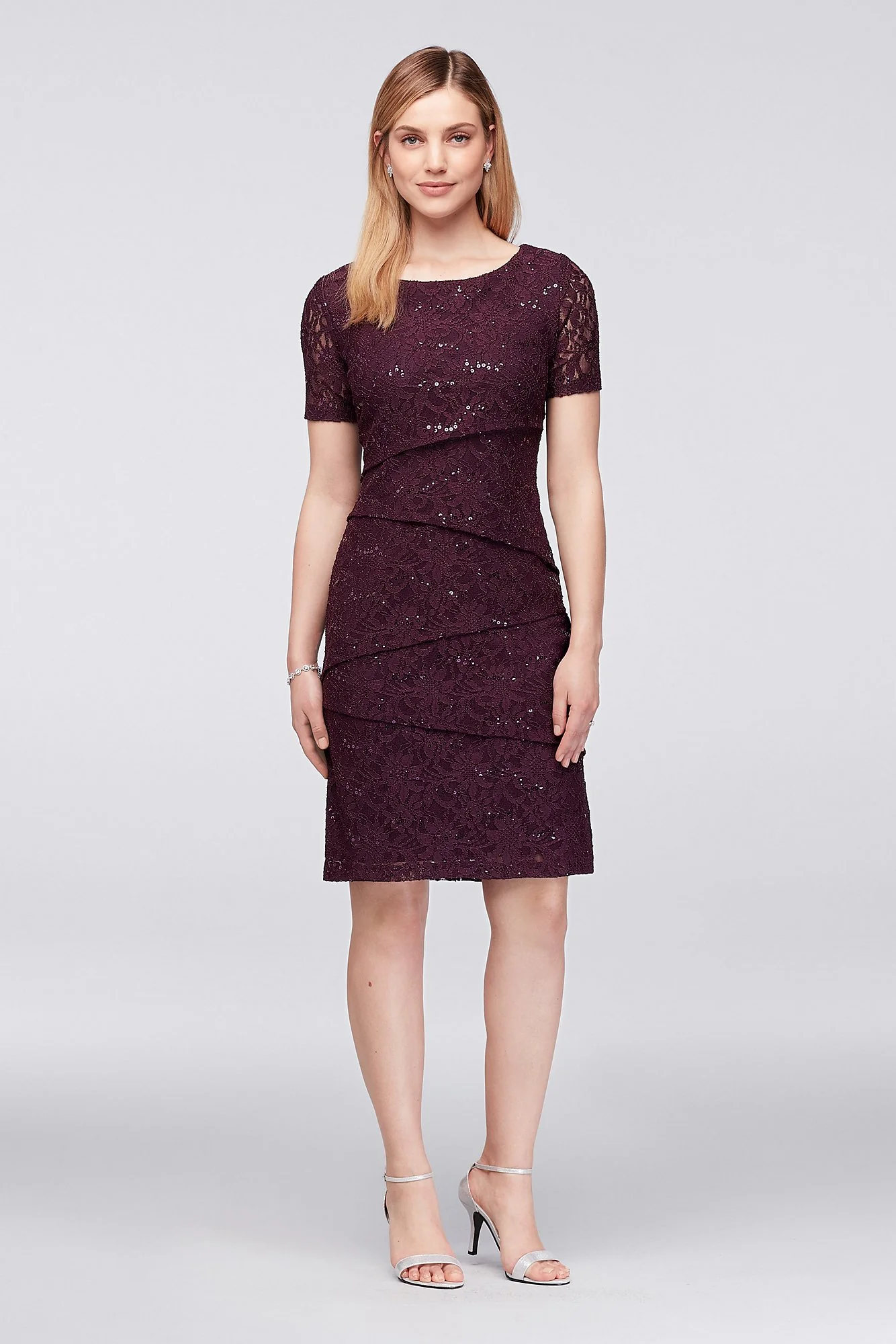 Short Sleeve Asymmetric Tiered Lace Sheath Dress