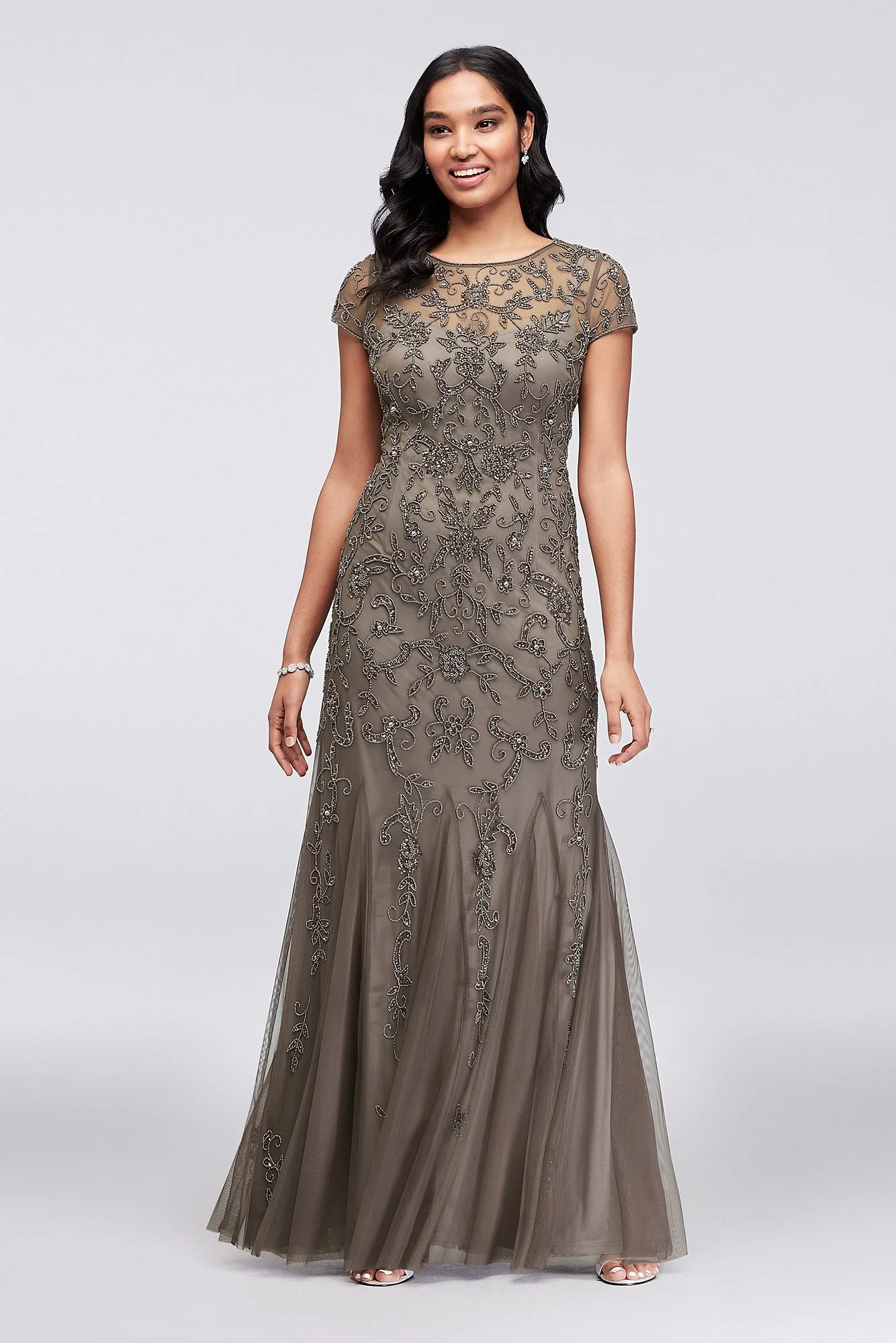 Short Sleeve Beaded Illusion Gown with Godet Skirt - Image 2