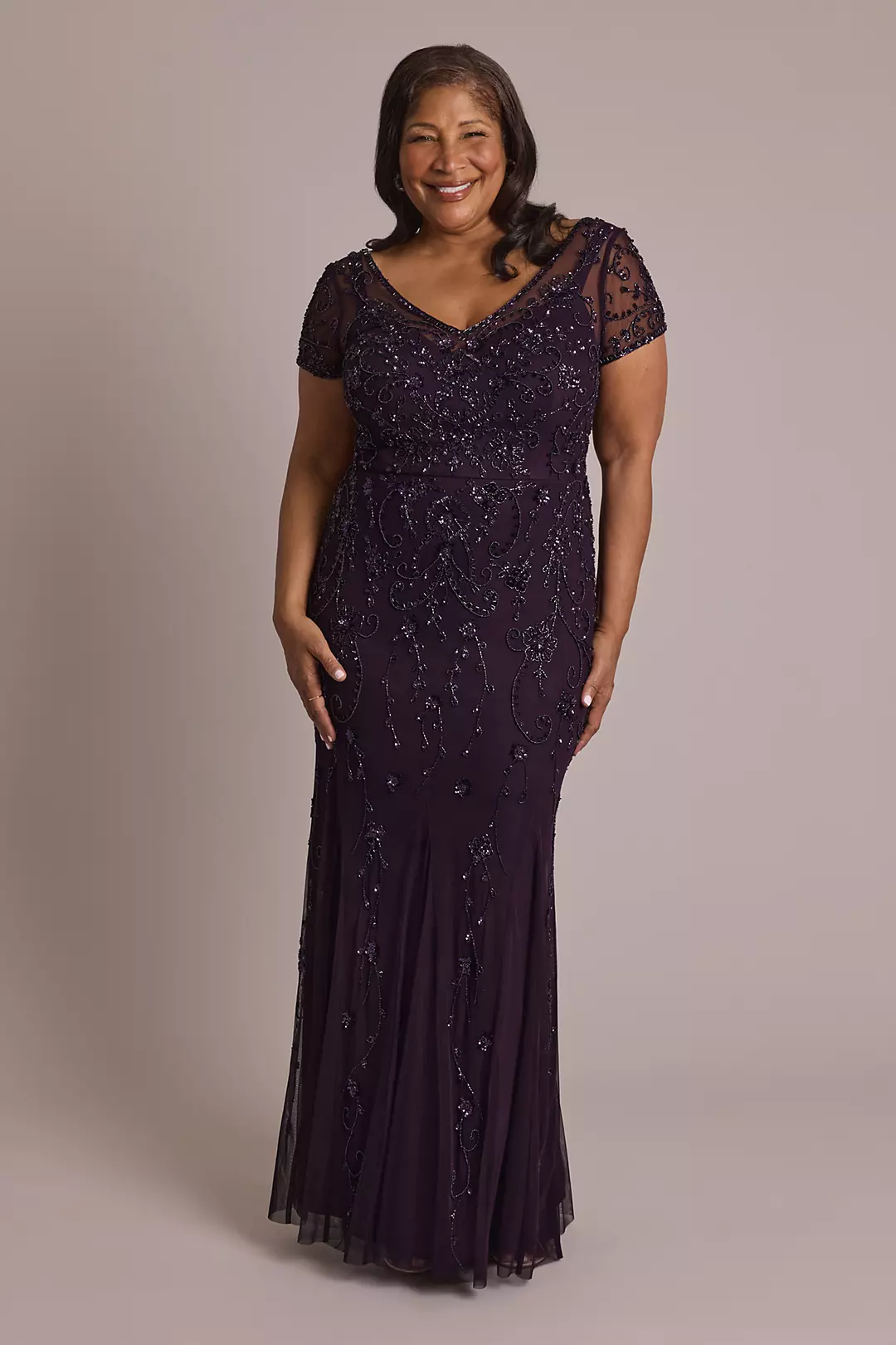 Short Sleeve Beaded Sheath Dress with Godets - Image 3