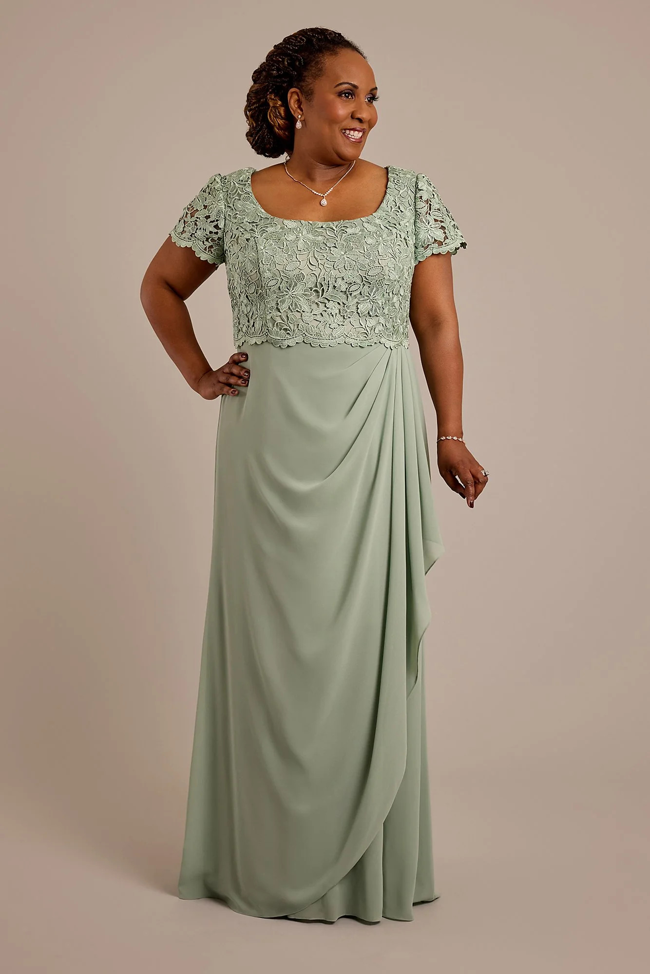 Short Sleeve Embroidered Chiffon Sheath Dress - Image 2