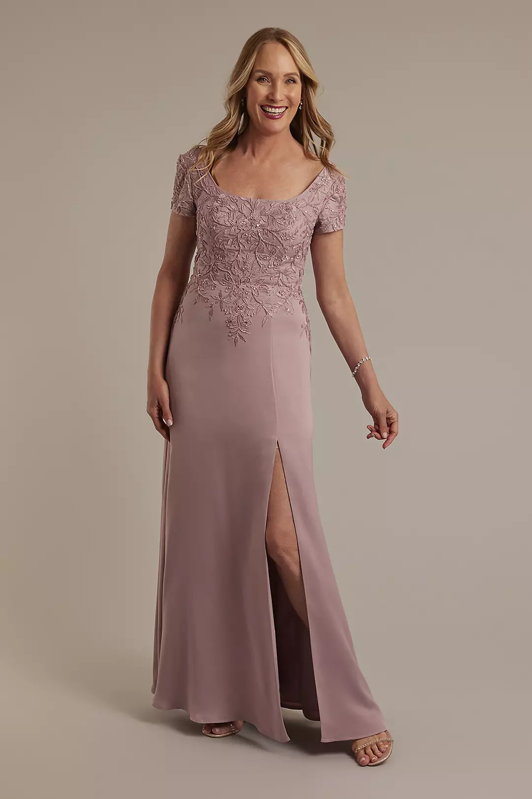Short Sleeve Embroidered Satin A-Line Dress - Image 6