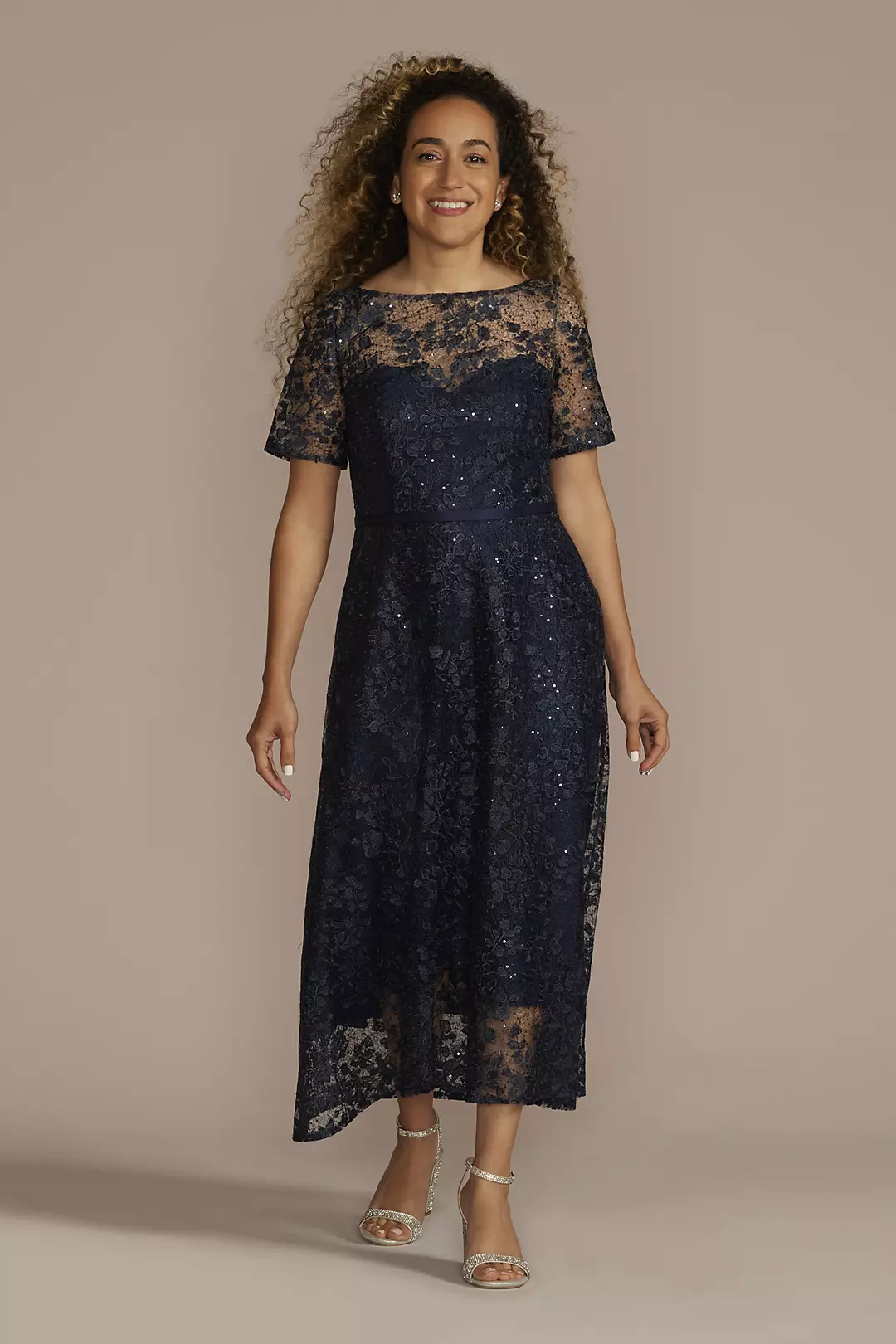 Short Sleeve Illusion Lace High-Low Dress - Image 2