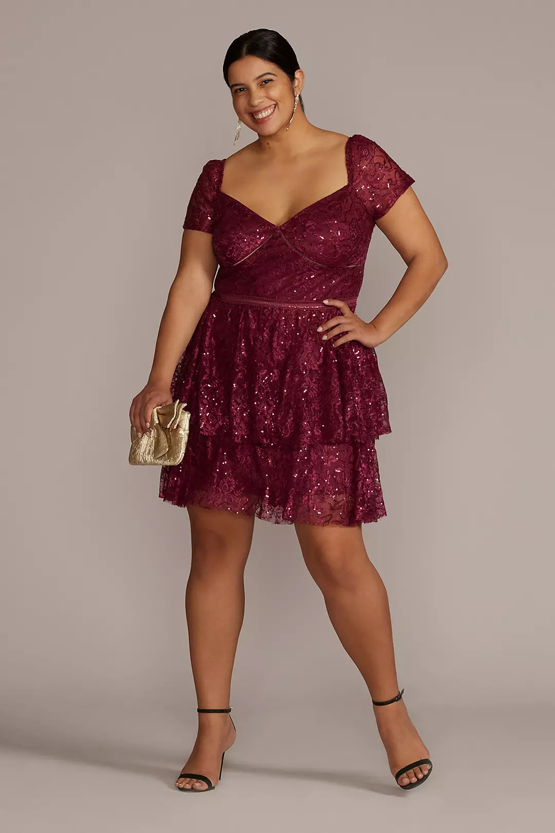 Short Sleeve Illusion Lace Tiered Ruffle Dress - Image 2