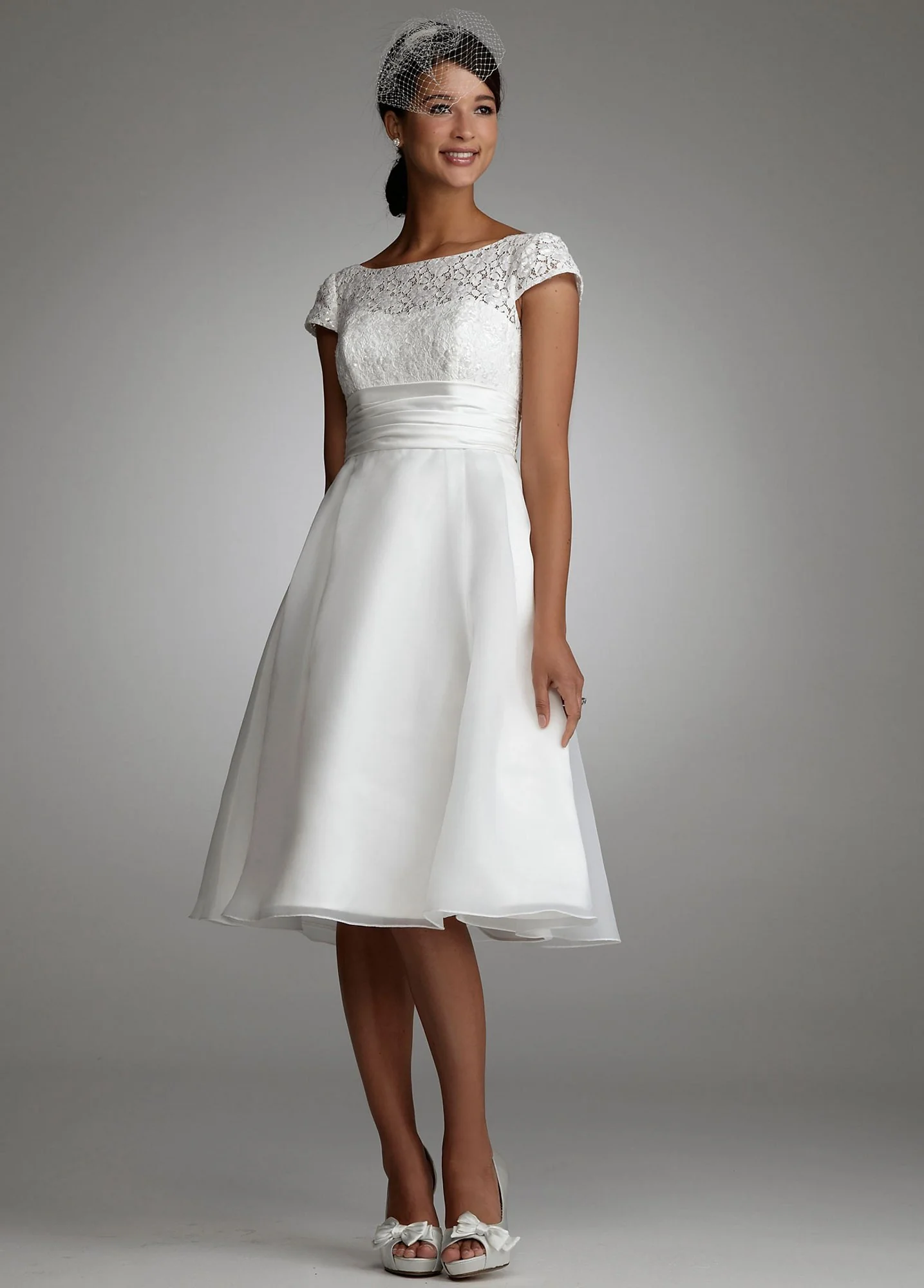 Short Sleeve Lace and Organza Knee Length Dress