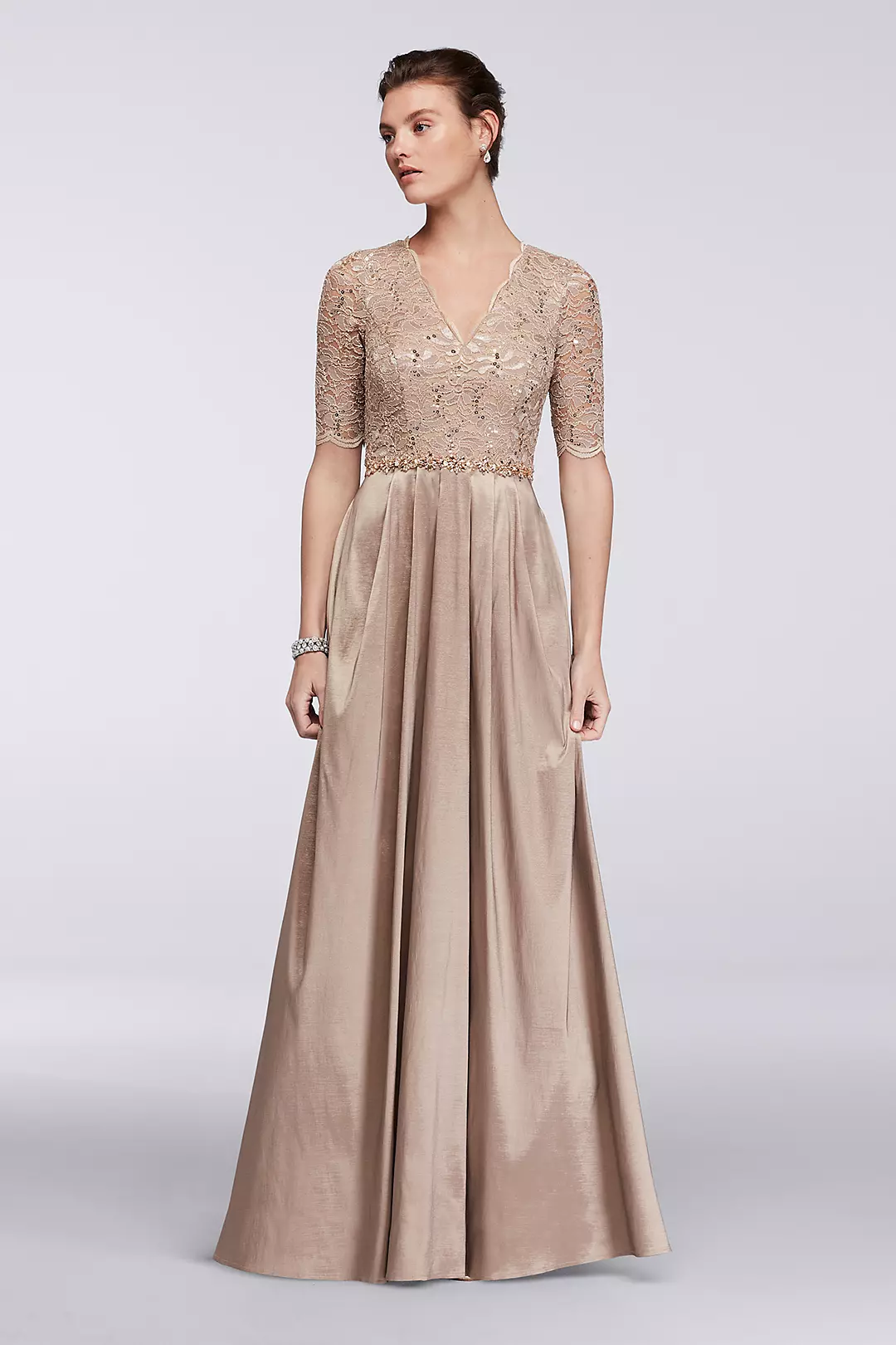 Short-Sleeve Lace Bodice Beaded-Waist Ball Gown - Image 2