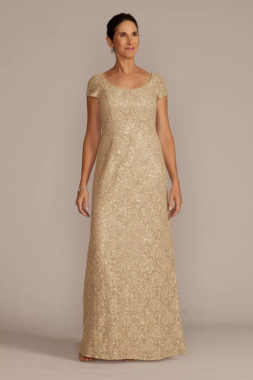 Short Sleeve Sequin Lace Sheath Gown - Image 6