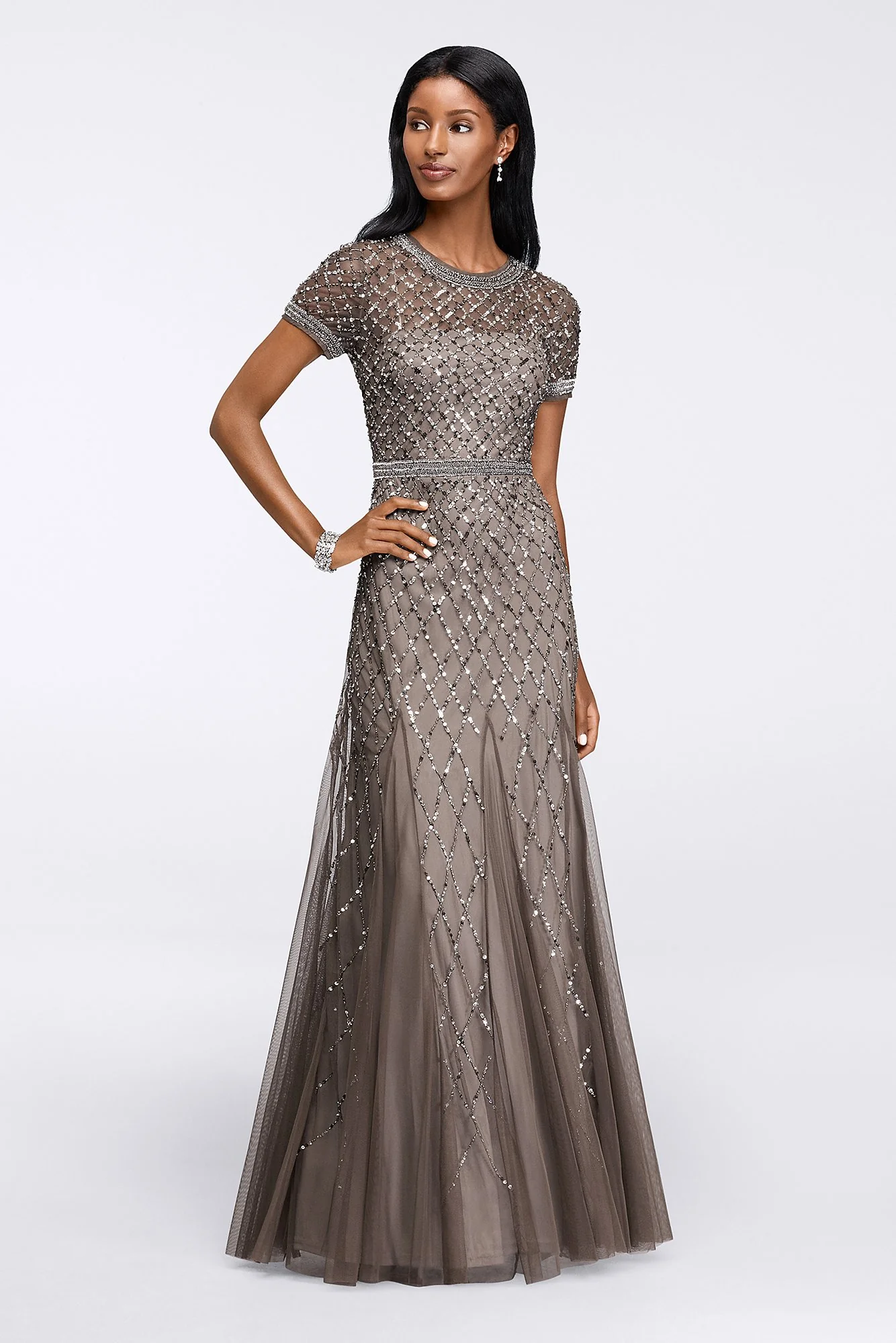 Short Sleeve Sequined Long Dress with Godets - Image 2
