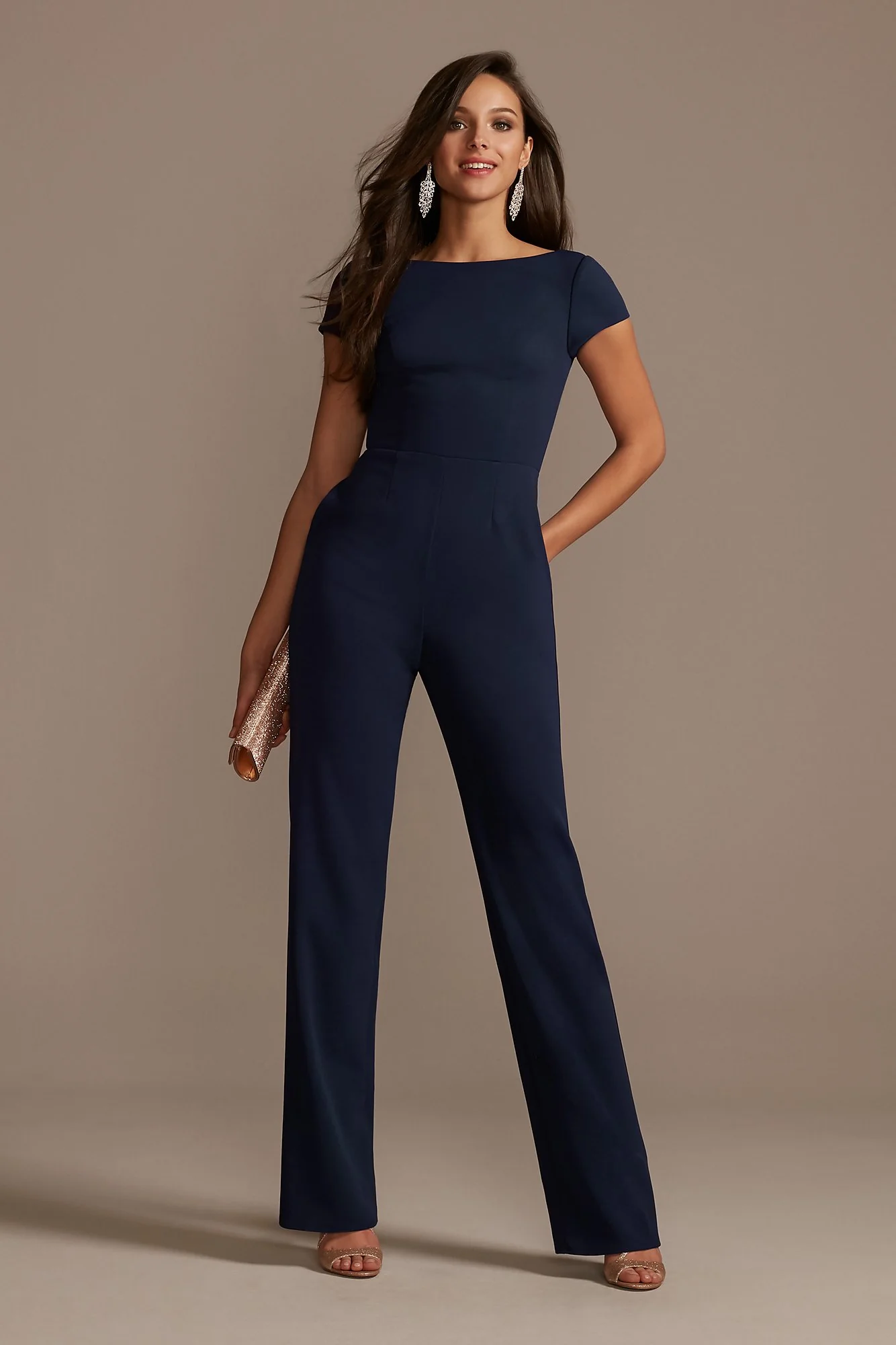 Short Sleeve Stretch Crepe Jumpsuit with Open Back - Image 2