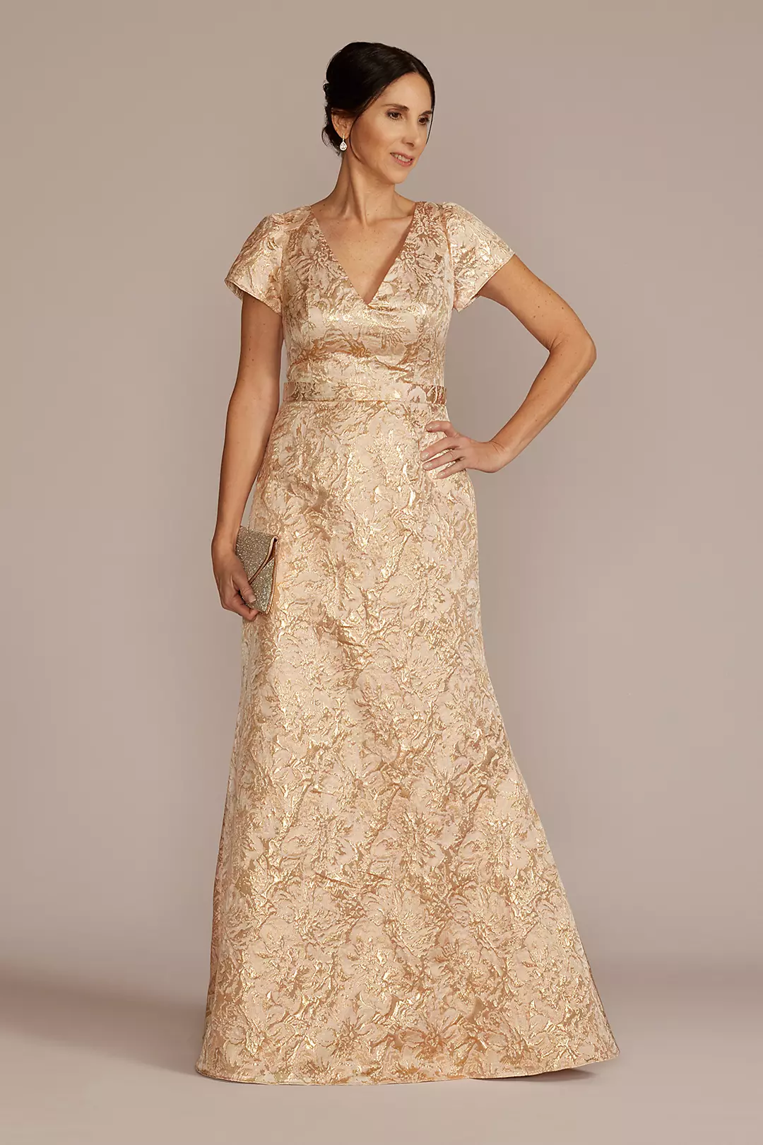 Short Sleeve V-Neck Jacquard Sheath Gown - Image 2