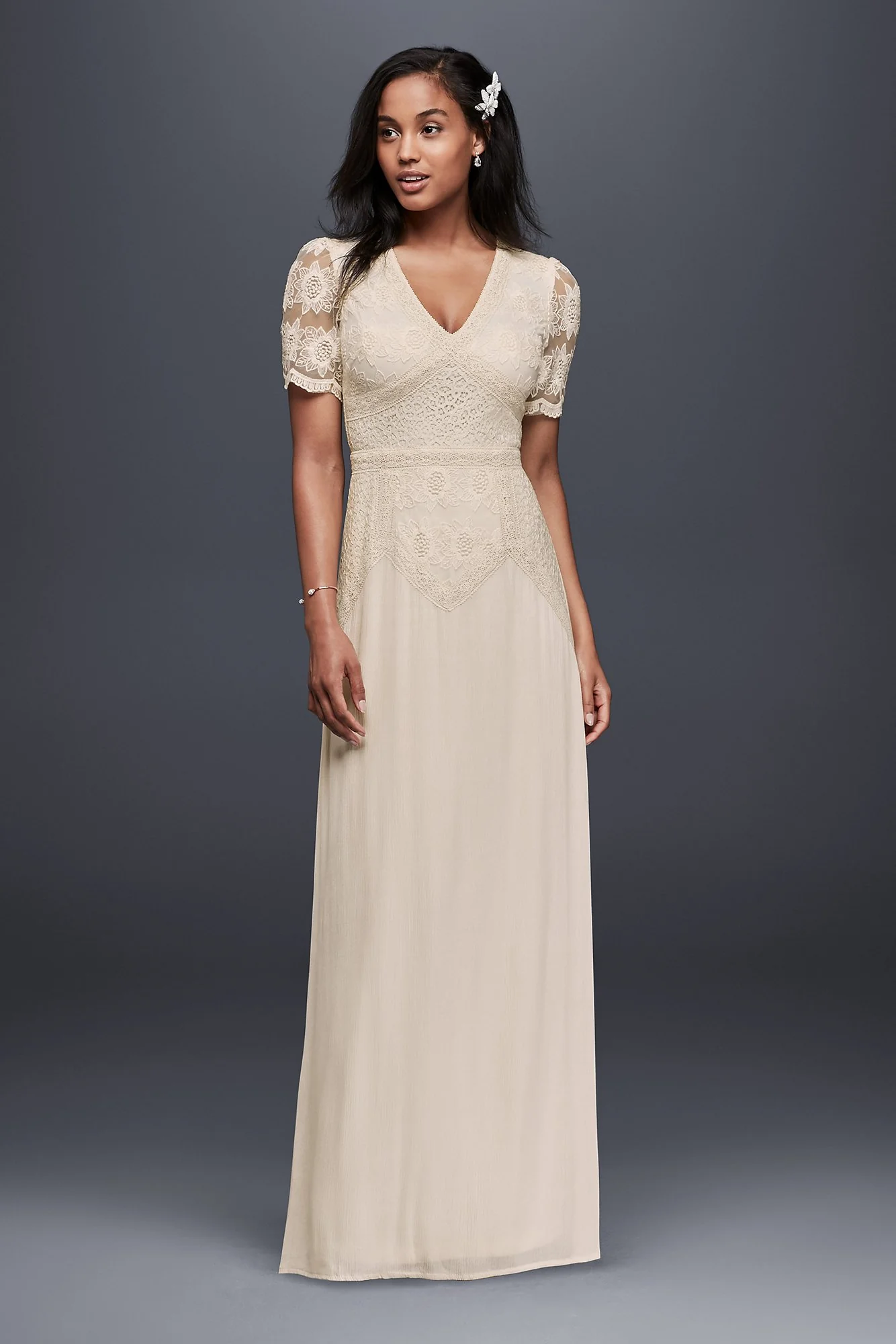 Short Sleeve V-Neck Sheath Dress with Mixed Lace - Image 2