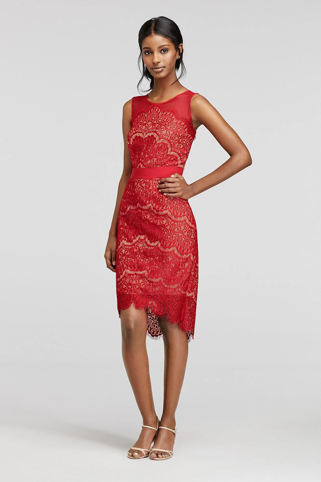 Short Sleeveless Illusion Scalloped Lace Dress - Image 2