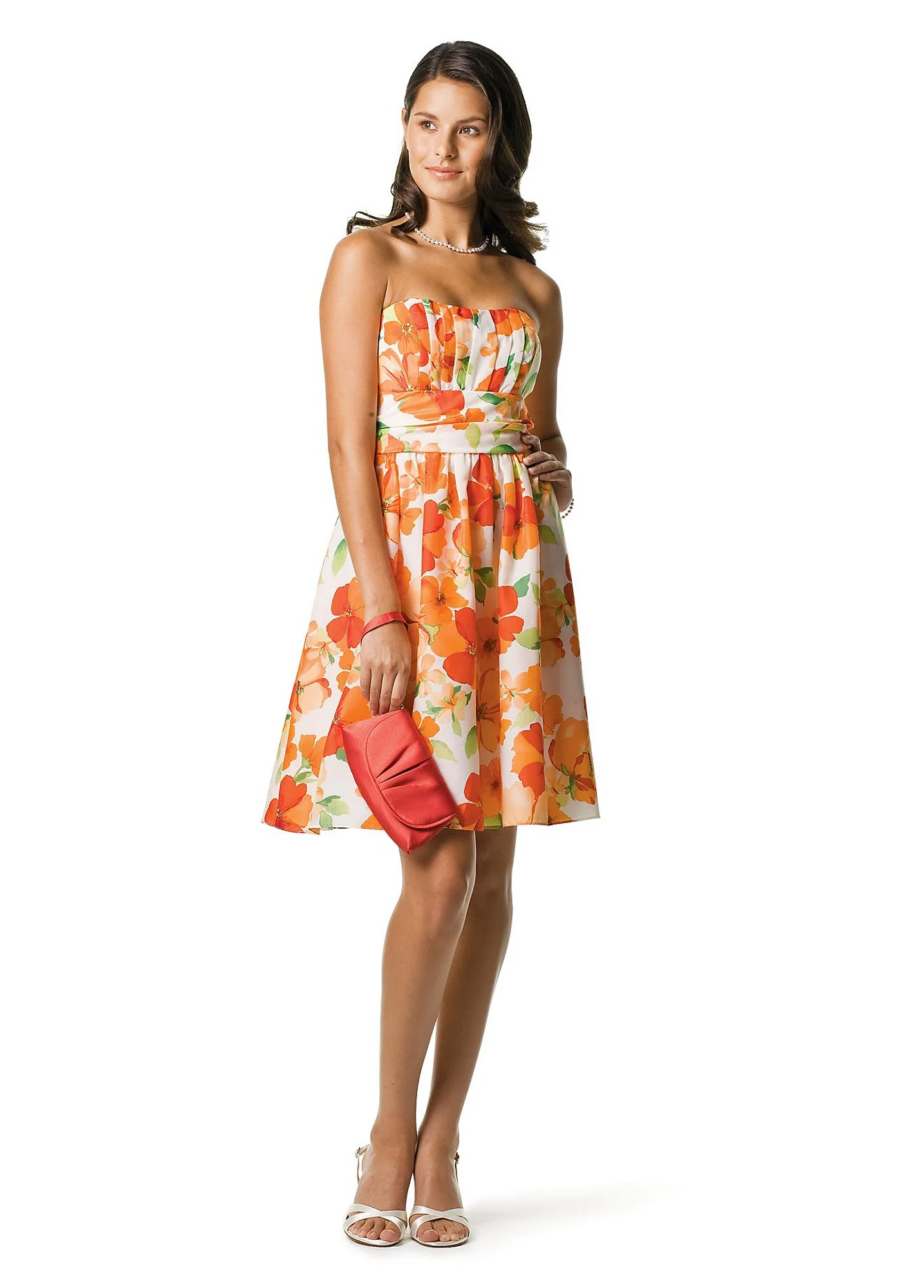 Short Strapless Floral Flat Taffeta Dress with Ruching and Pockets