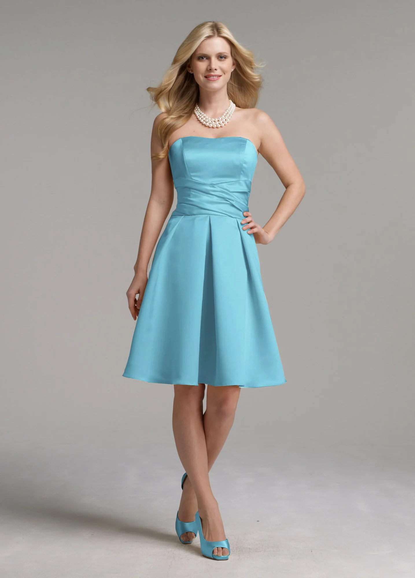 Short Strapless Satin Dress with Waist Detail - Image 3
