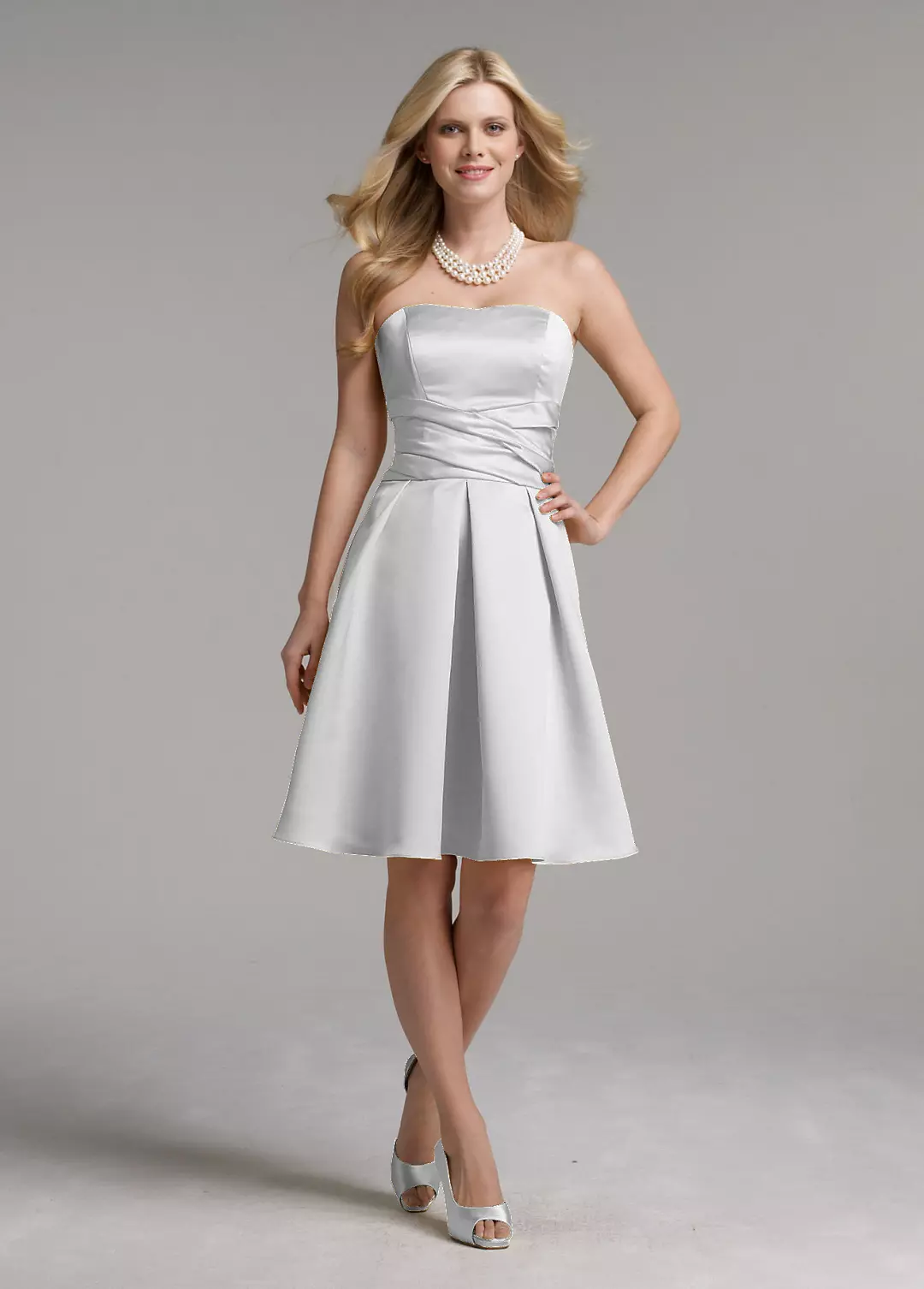 Short Strapless Satin Dress with Waist Detail - Image 4