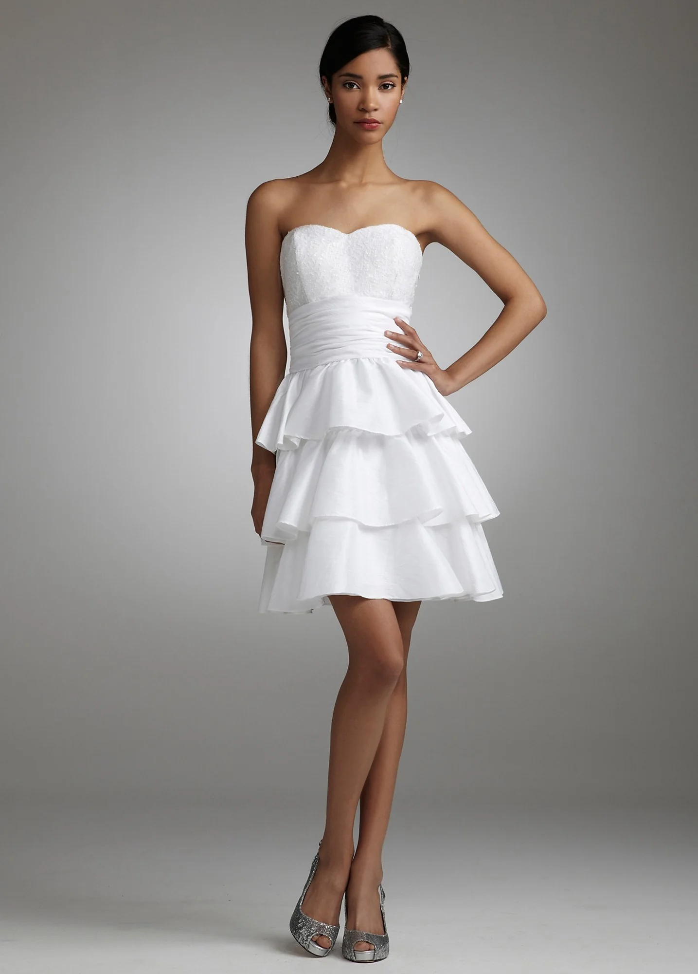 Short Strapless Taffeta Dress with Ruffled Skirt