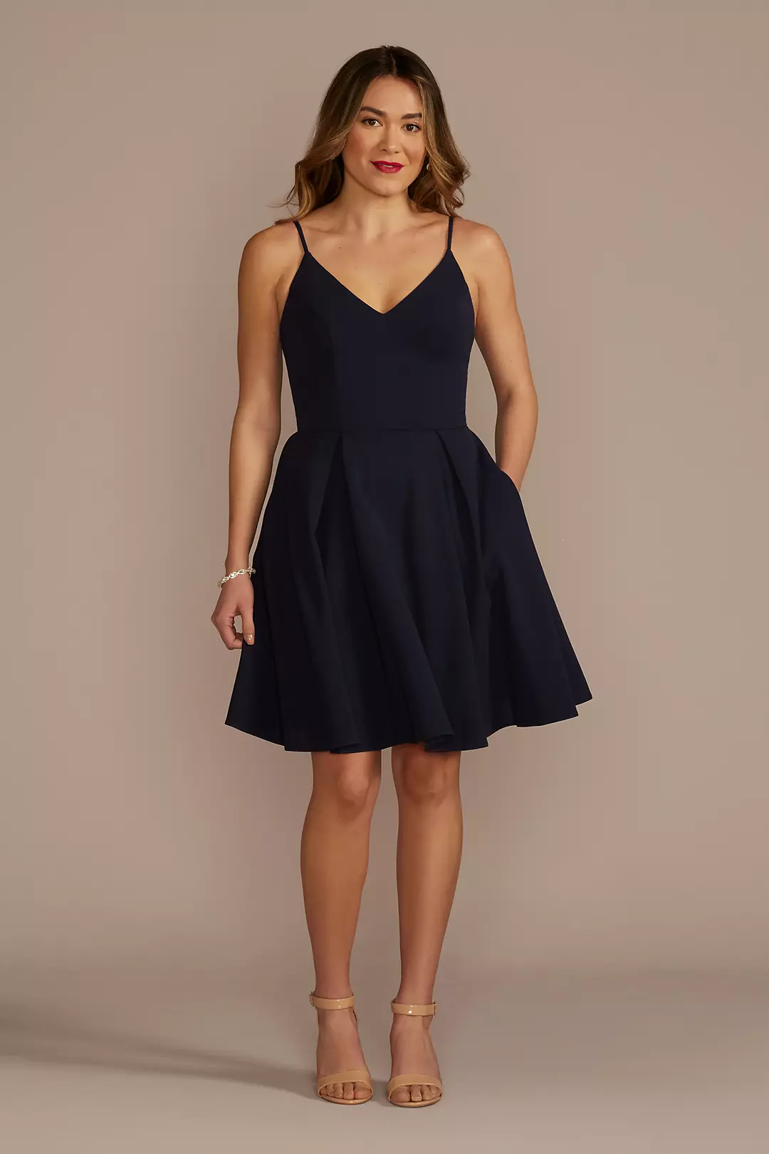 Short Stretch Crepe Spaghetti Strap A-Line Dress - Image 6