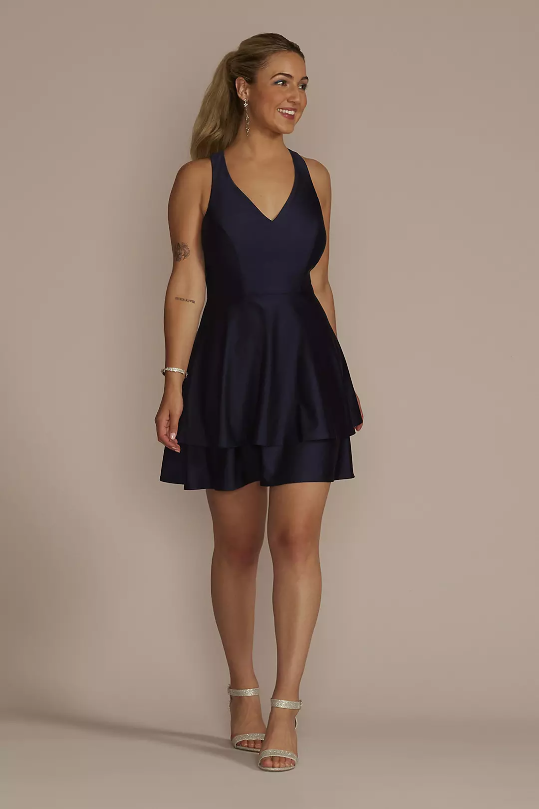 Short V-Neck Dress with Tiered Skirt - Image 3